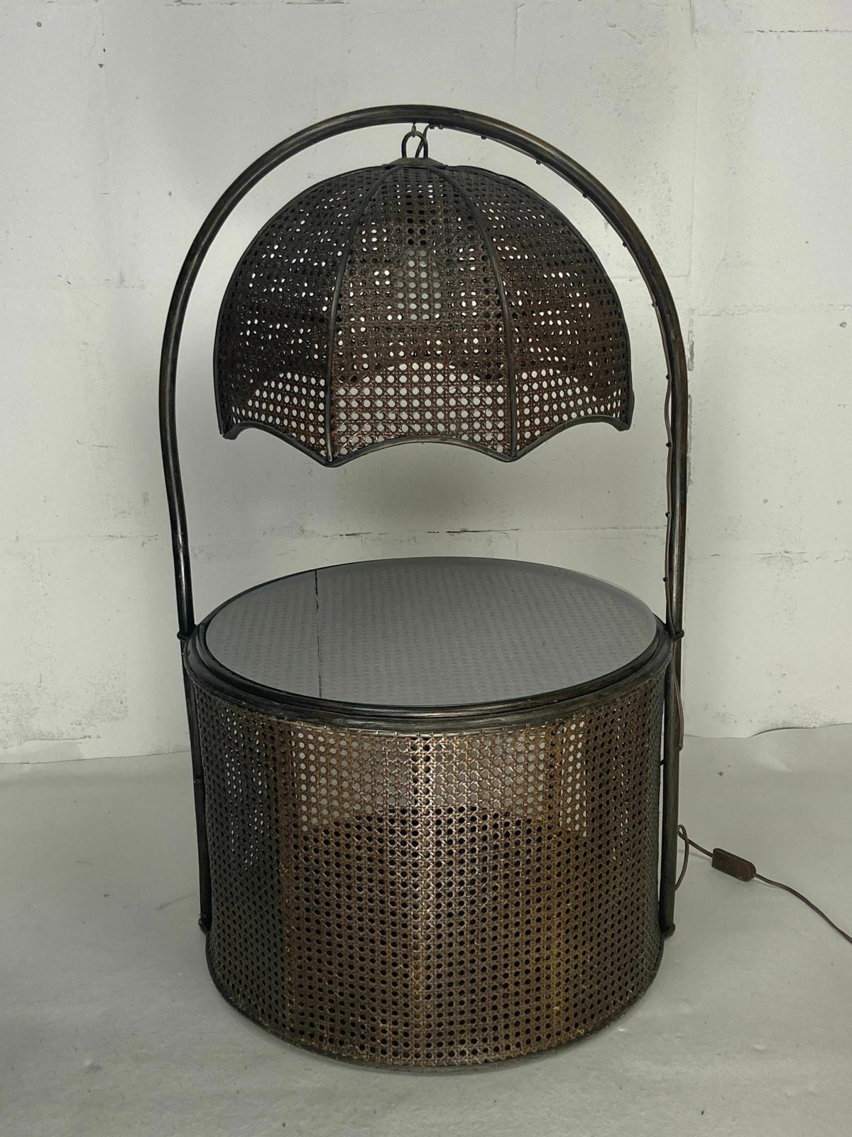 Faux Bamboo Rattan Webbing Side Table With Integrated Hanging Lamp, Dutch 1960s 1970s photo Furniture