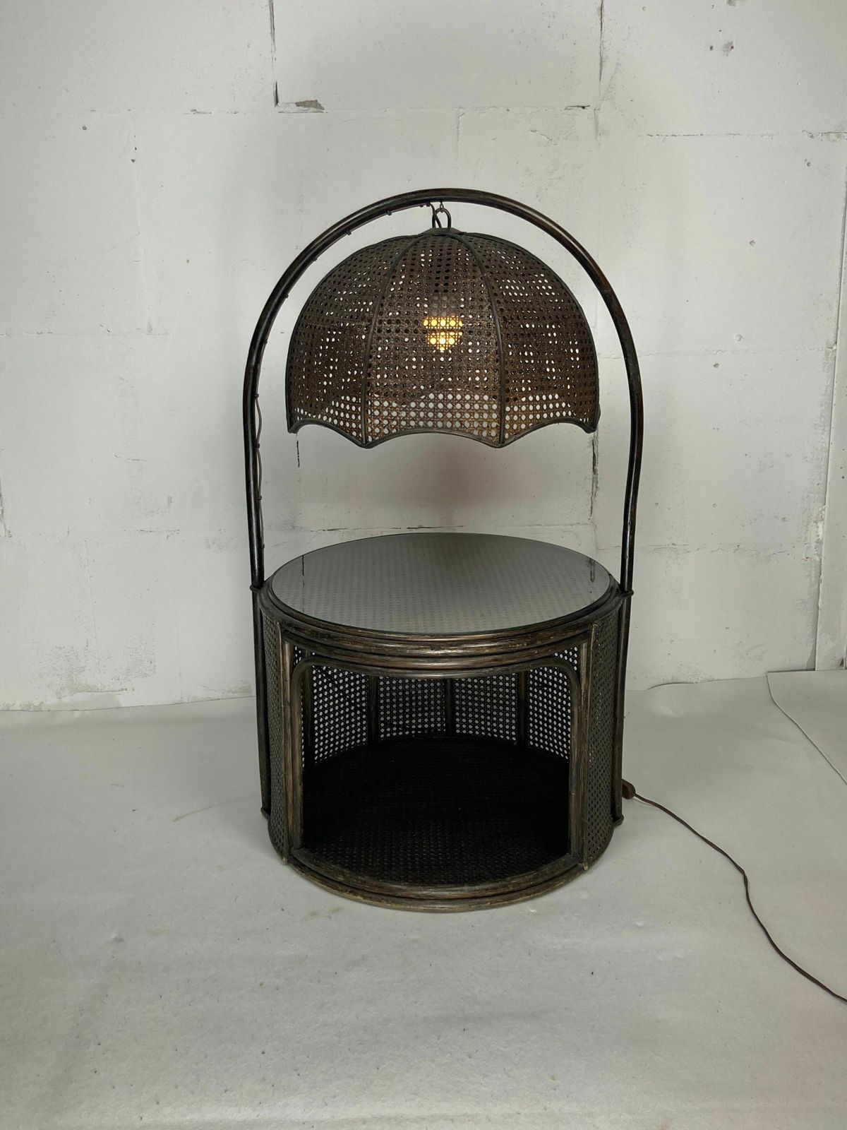 Faux Bamboo Rattan Webbing Side Table With Integrated Hanging Lamp, Dutch 1960s 1970s photo vinterior