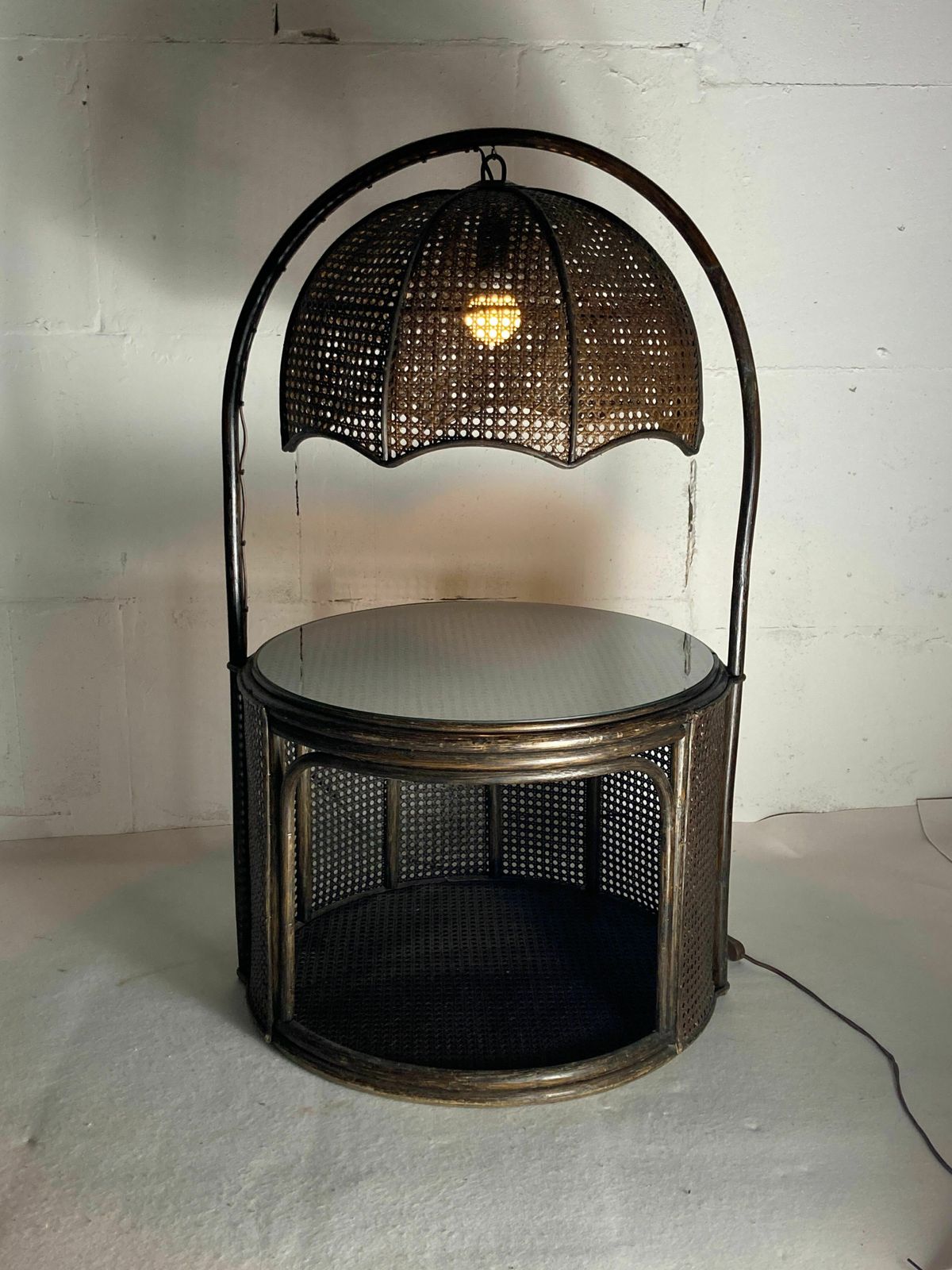 photo furniture Faux Bamboo Rattan Webbing Side Table With Integrated Hanging Lamp, Dutch 1960s 1970s