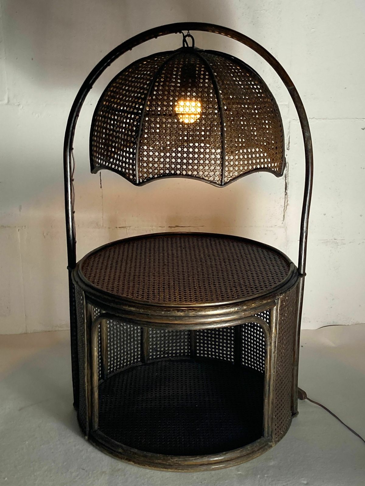 photo for sale Faux Bamboo Rattan Webbing Side Table With Integrated Hanging Lamp, Dutch 1960s 1970s
