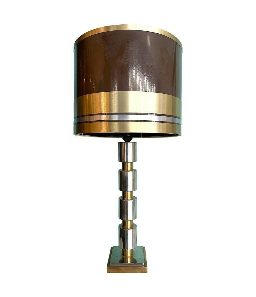 A Large Italian 1970s Chrome And Brass Lamp With Orignal Chocolate And Brass Shade. photo 8750.0