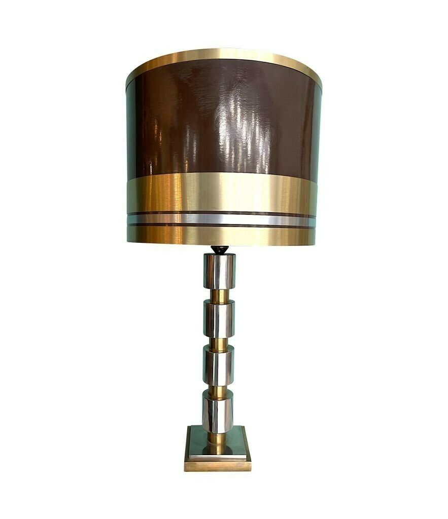 A Large Italian 1970s Chrome And Brass Lamp With Orignal Chocolate And Brass Shade. photo vinterior