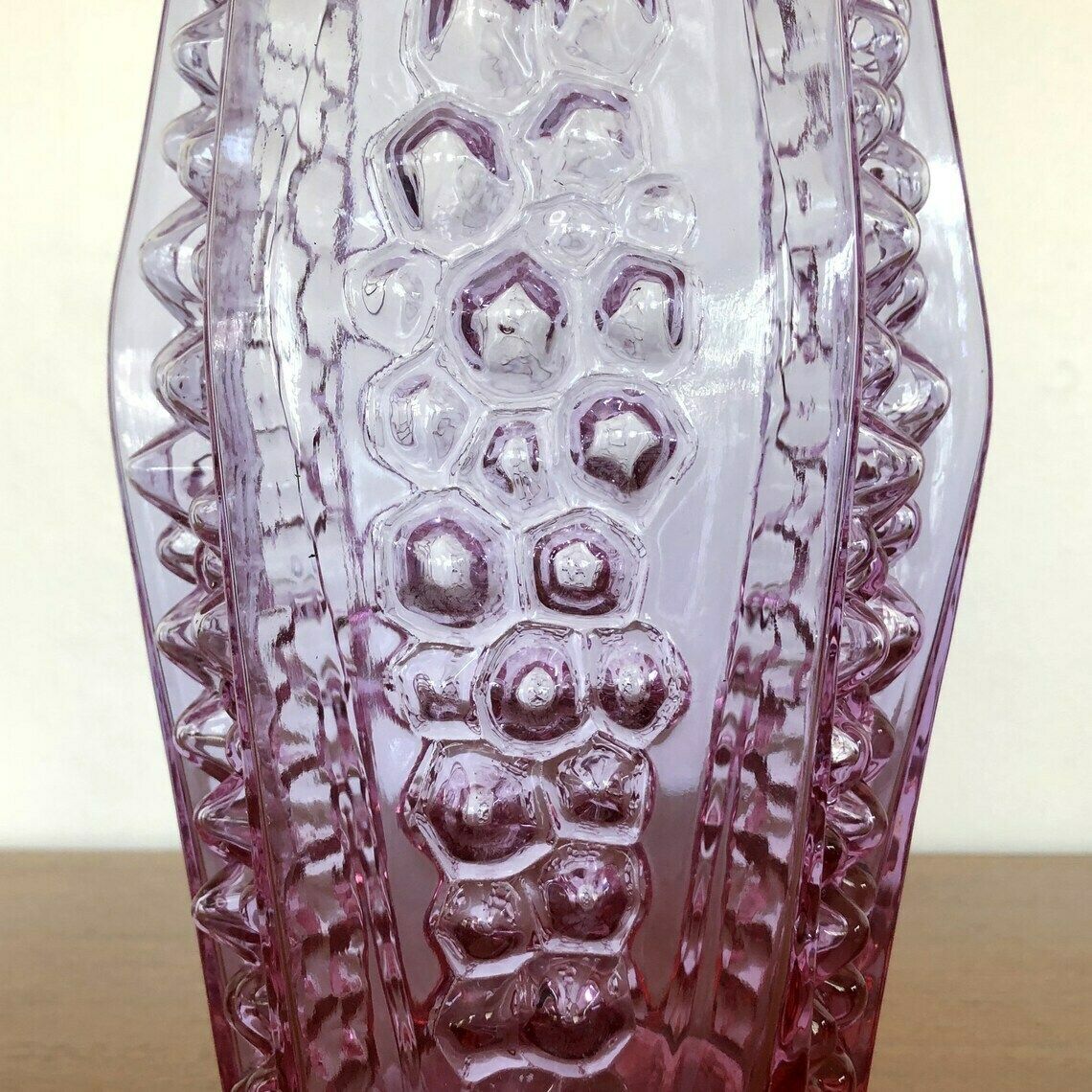 Large Mid Century Italian Neodymium Pink/Blue Glass Vase With Optic Panels Empoli 60's photo for sale