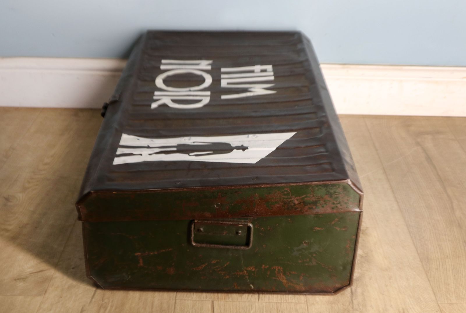 A Vintage Metal Trunk Later Sign Written For Film Noir photo for sale
