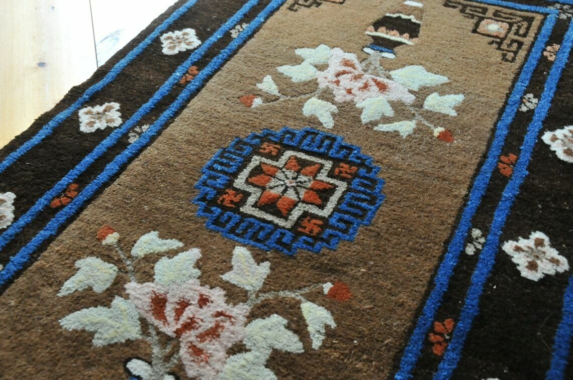Vintage Chinese Art Deco Rug In Blue And Brown / Small Antique Peking Bathroom And Bedroom Rug Mat Cas139 photo for sale