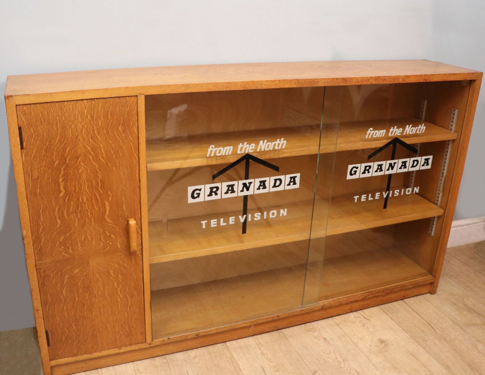 A Mid Century Light Oak Veneered Bookcase Later Sign Written For The Granada Television photo Furniture