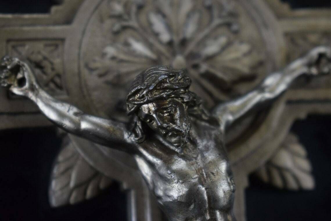 Black Holy Water Font For Wall Wood Jesus Crucifix photo for sale