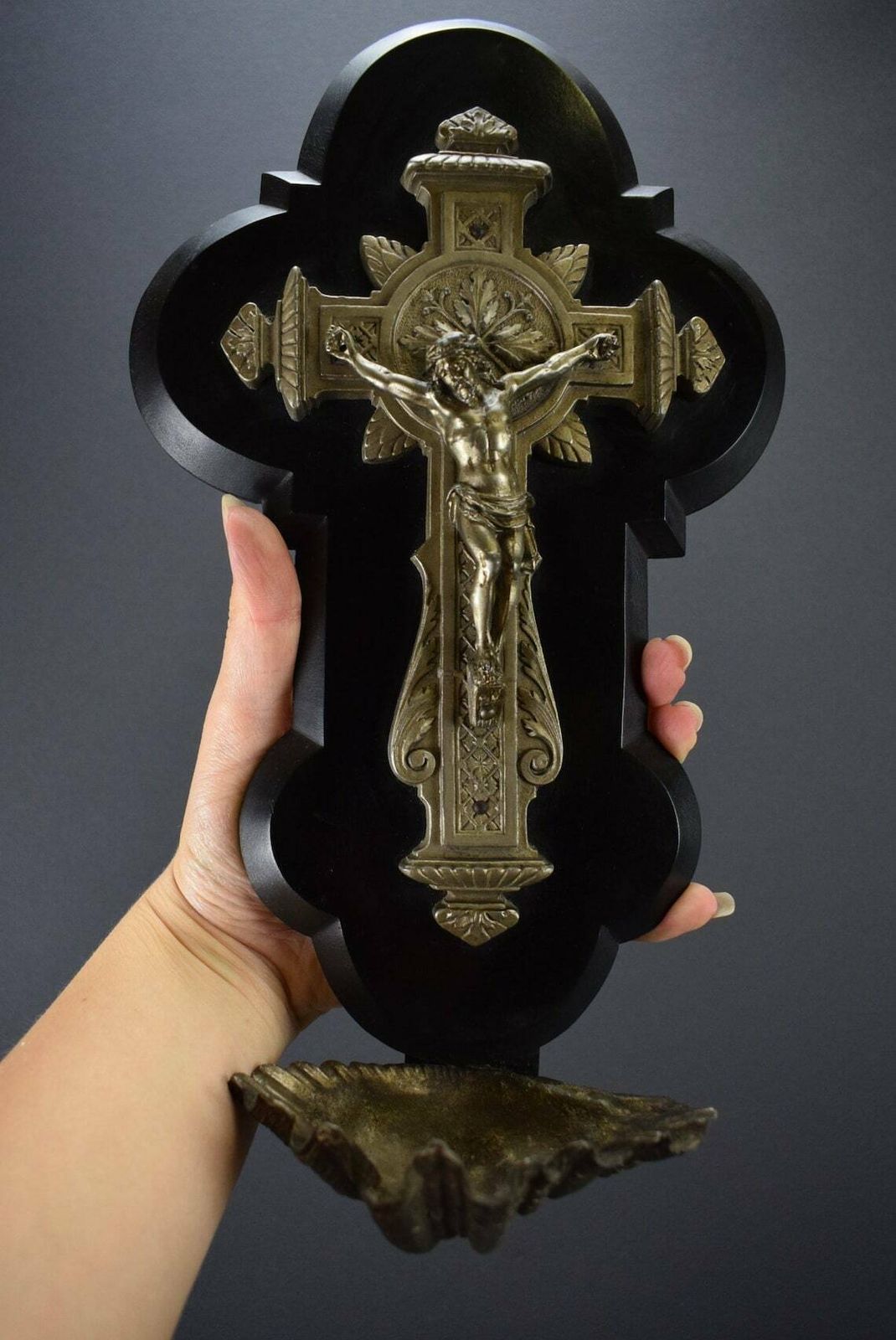 Black Holy Water Font For Wall Wood Jesus Crucifix photo vintage
