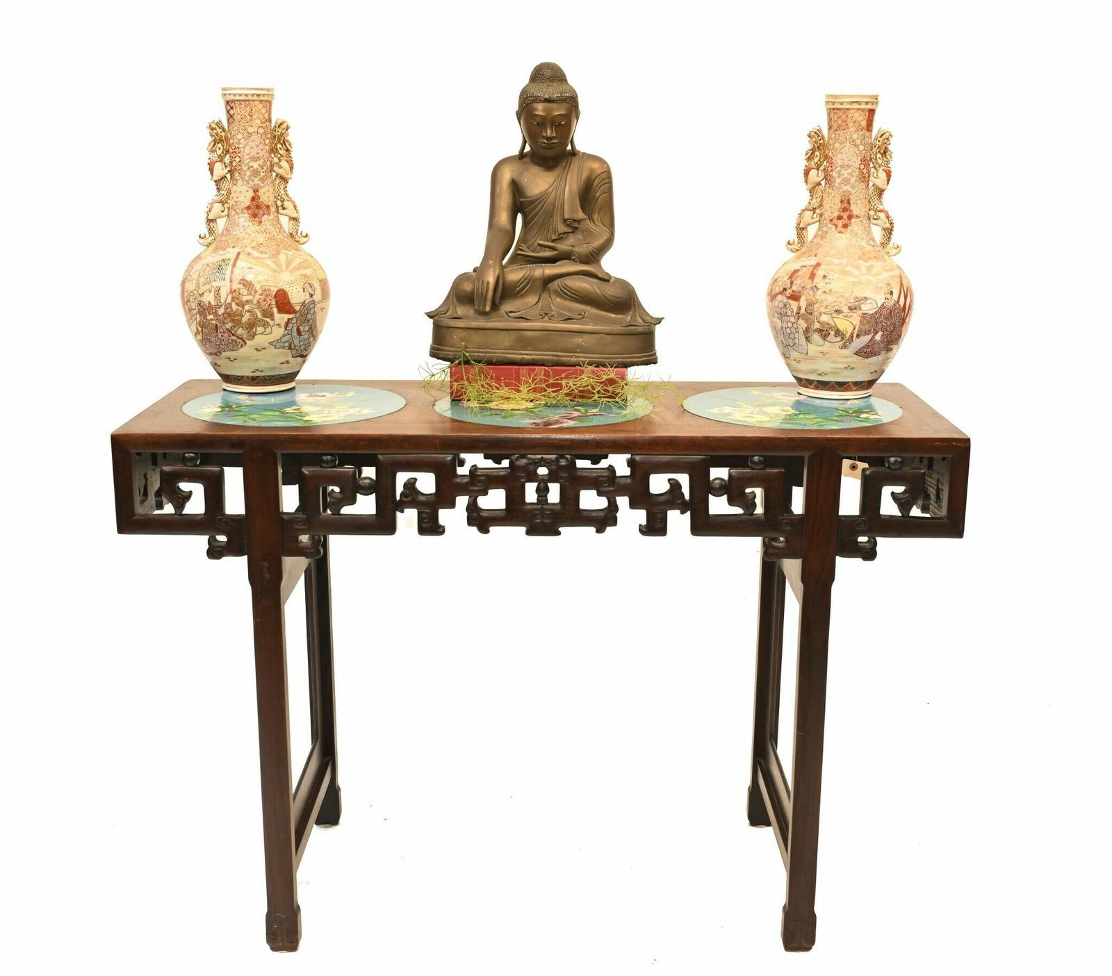 Chinese Console Table Hardwood Cloisonne Porcelain Plates