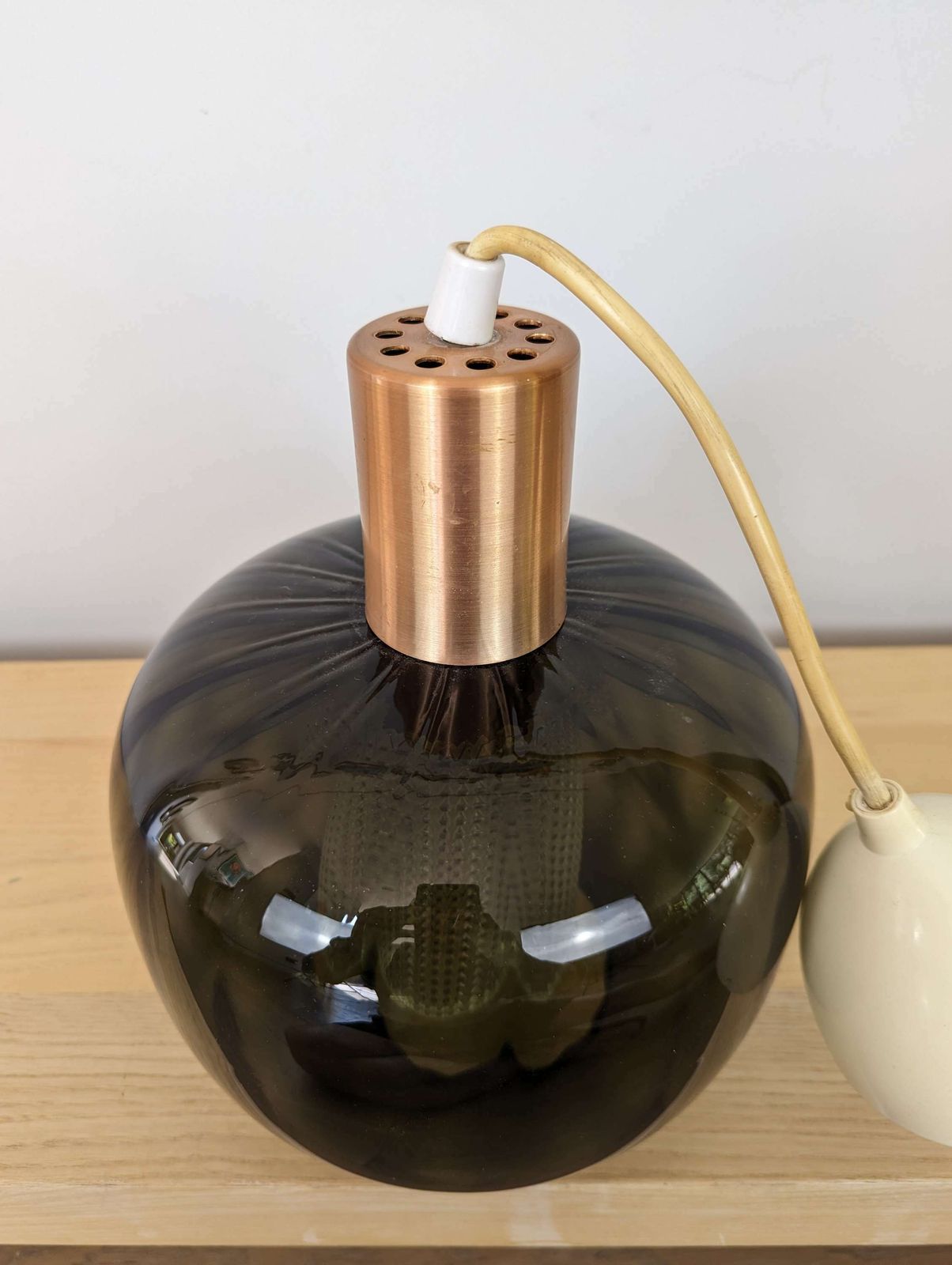 Mid Century Lampshade In Smoked Glass, With A Cut Glass Interior And Copper Top. photo for sale