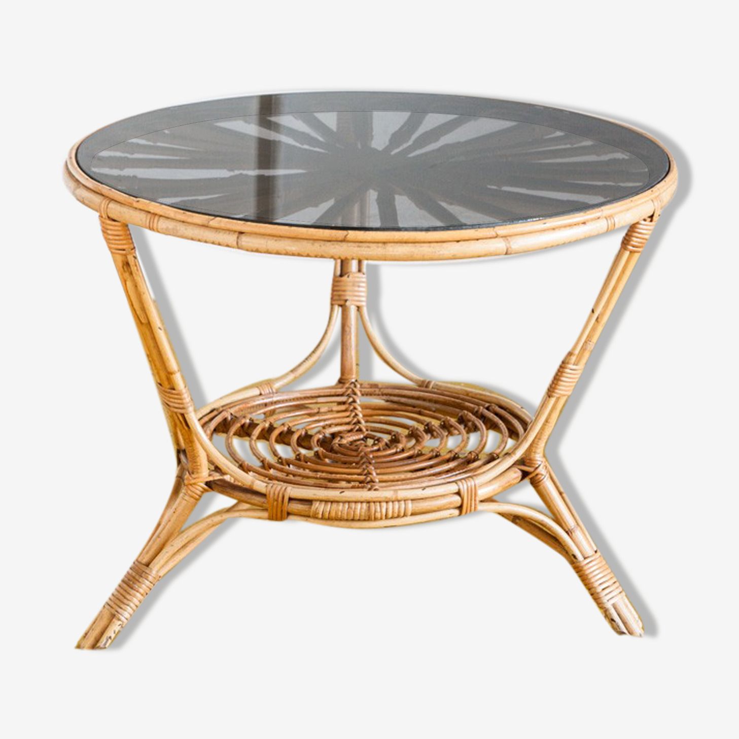 Vintage Side Table In Rattan And Smoked Glass, France 1970
