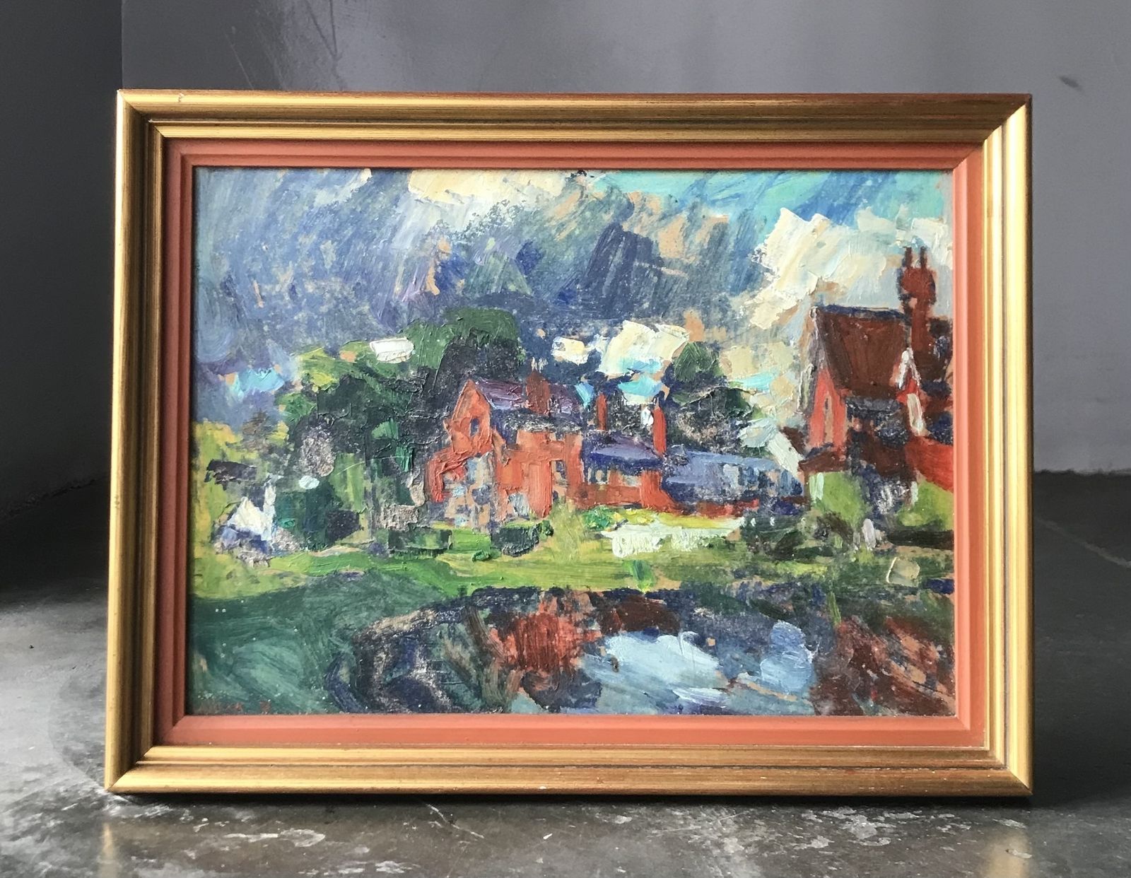 Naive Original Oil On Board Painting Of Arts And Crafts Red Brick Buildings photo vinterior