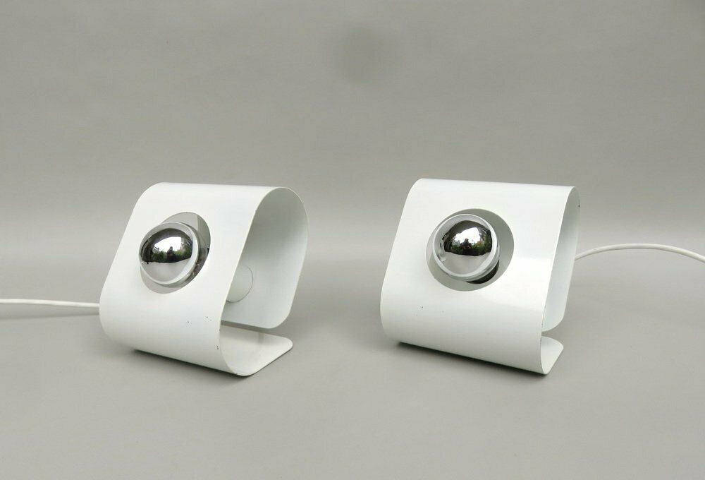 Small Space Age Table Lights In Metal White From Sölken Leuchten, 1970s, Set Of 2 photo for sale