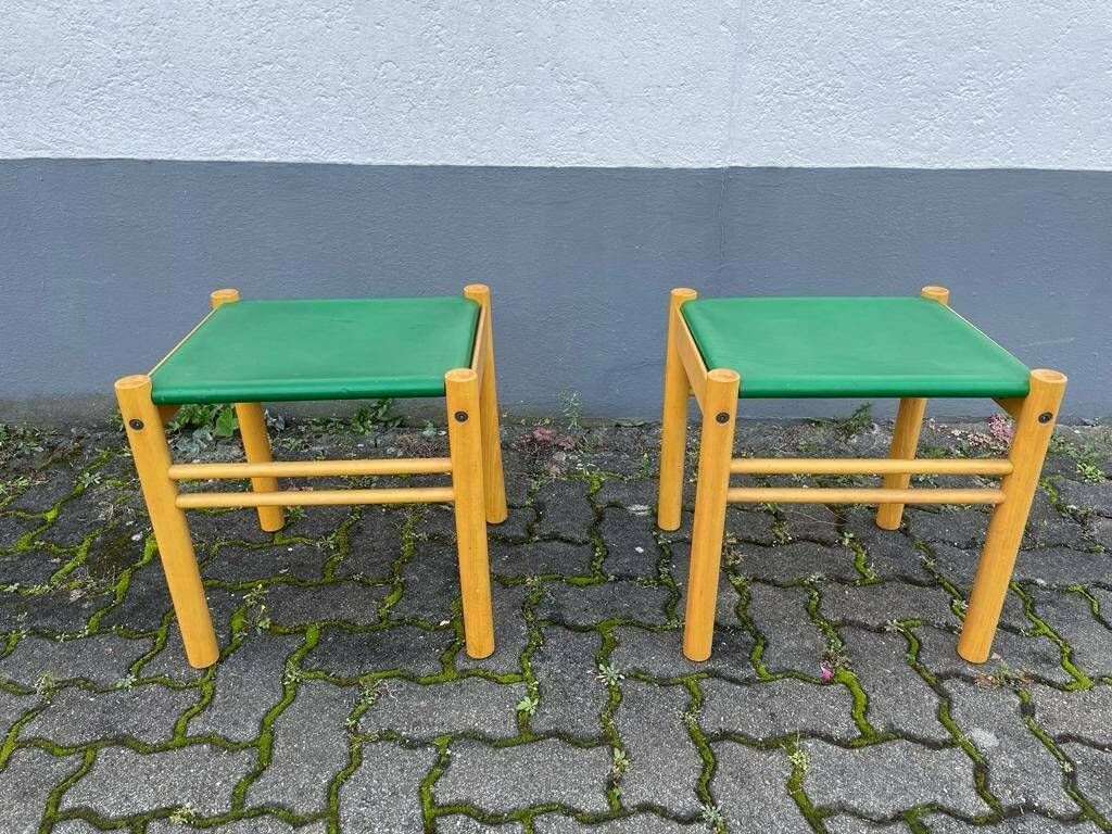 Ibisco Green Leather And Birch Wood Pair Of Stools, 1970s, Italy