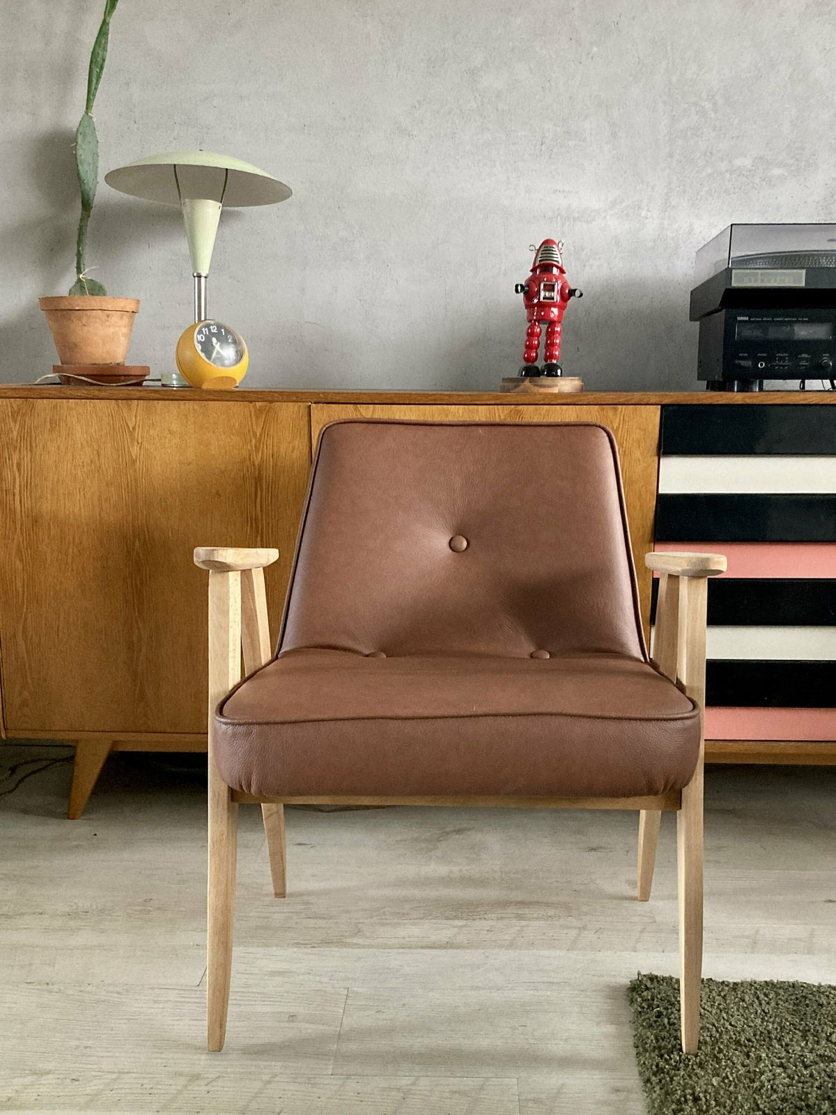 Original Vintage 366 Chair From 60s Covered In Genuine Italian Leather. Designed By J. Chierowski photo furniture