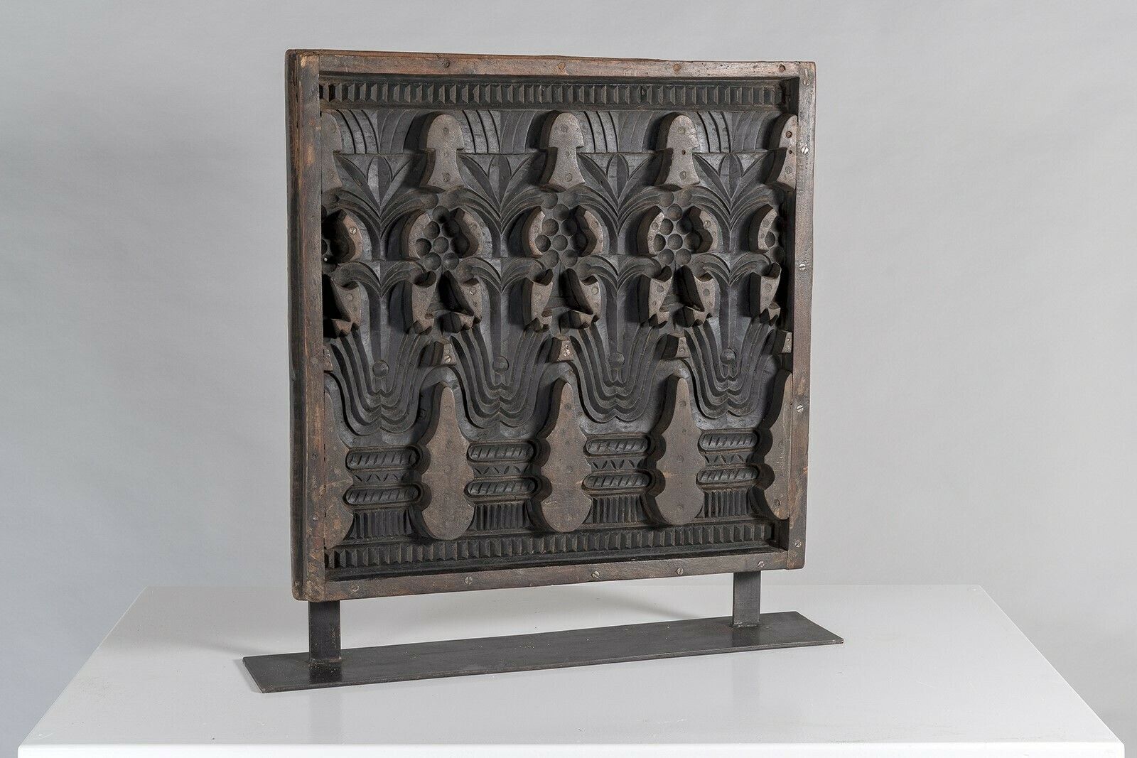 Large Scale Mid Century Carved Sculptural Wooden Shelf Art On Heavy Steel Base