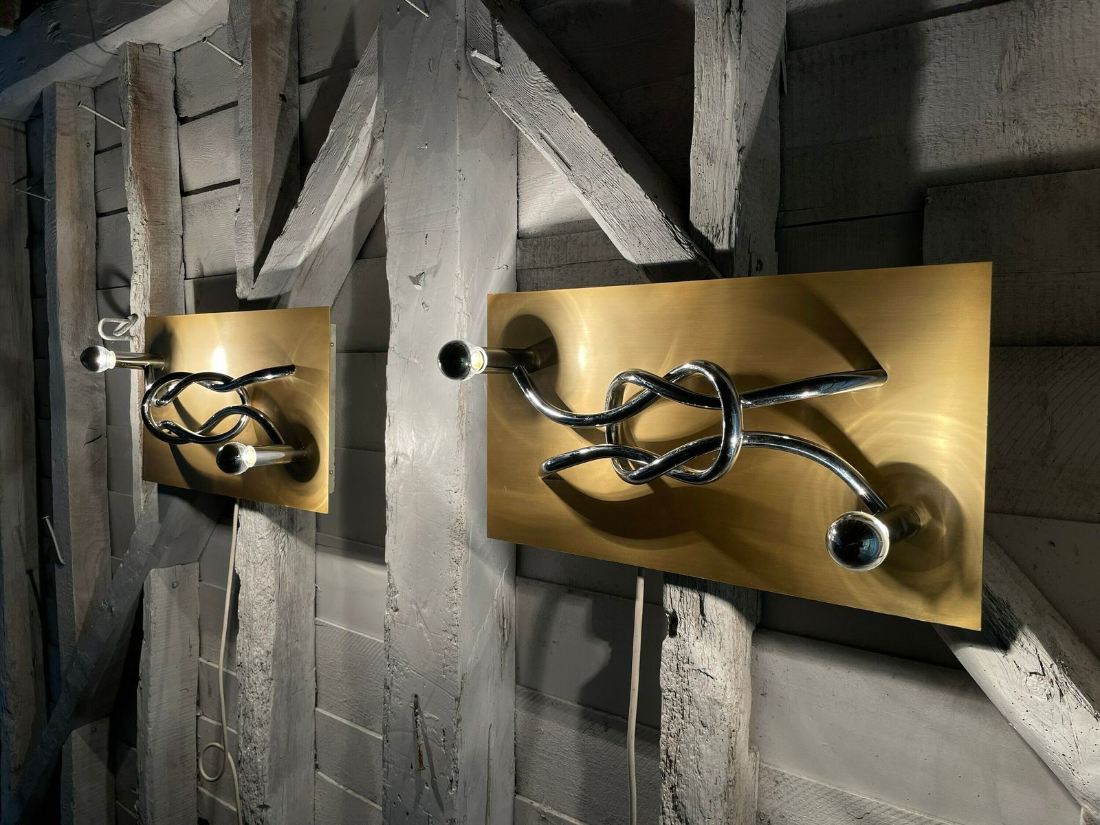 A Pair Of 1970s Mid Century Modern Italian 'Reef Knot' Wall Light Panels / Sconces Designed By Giacomo Benevelli For Missaglia photo Lighting