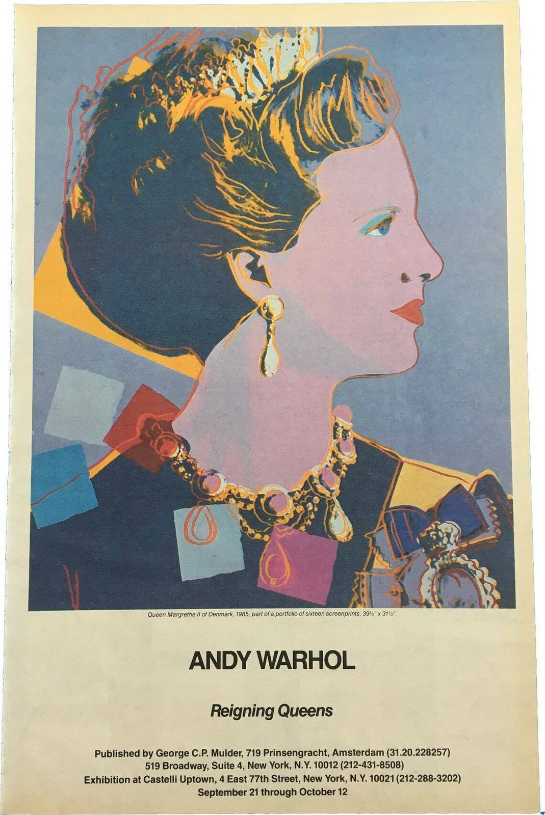 Original 1985 Andy Warhol Gallery Opening Advertisement  Reigning Queens Exhibition  Queen Margrethe II Of Denmark  Vintage Poster photo furniture