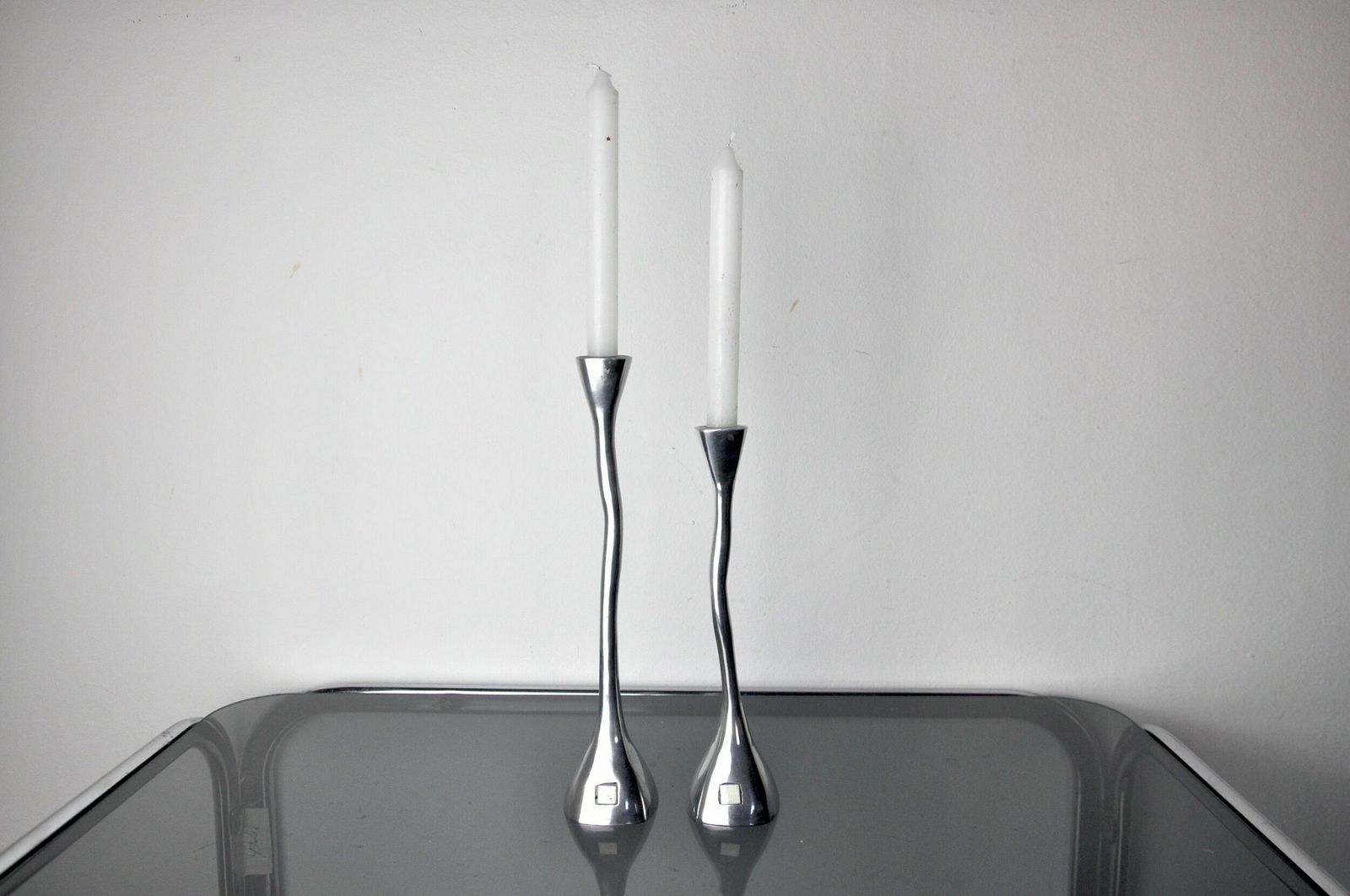 Pair Of Zigzag Candle Holders, Solid Aluminum And Polished Stone, Art3, Spain, 1970 photo for sale