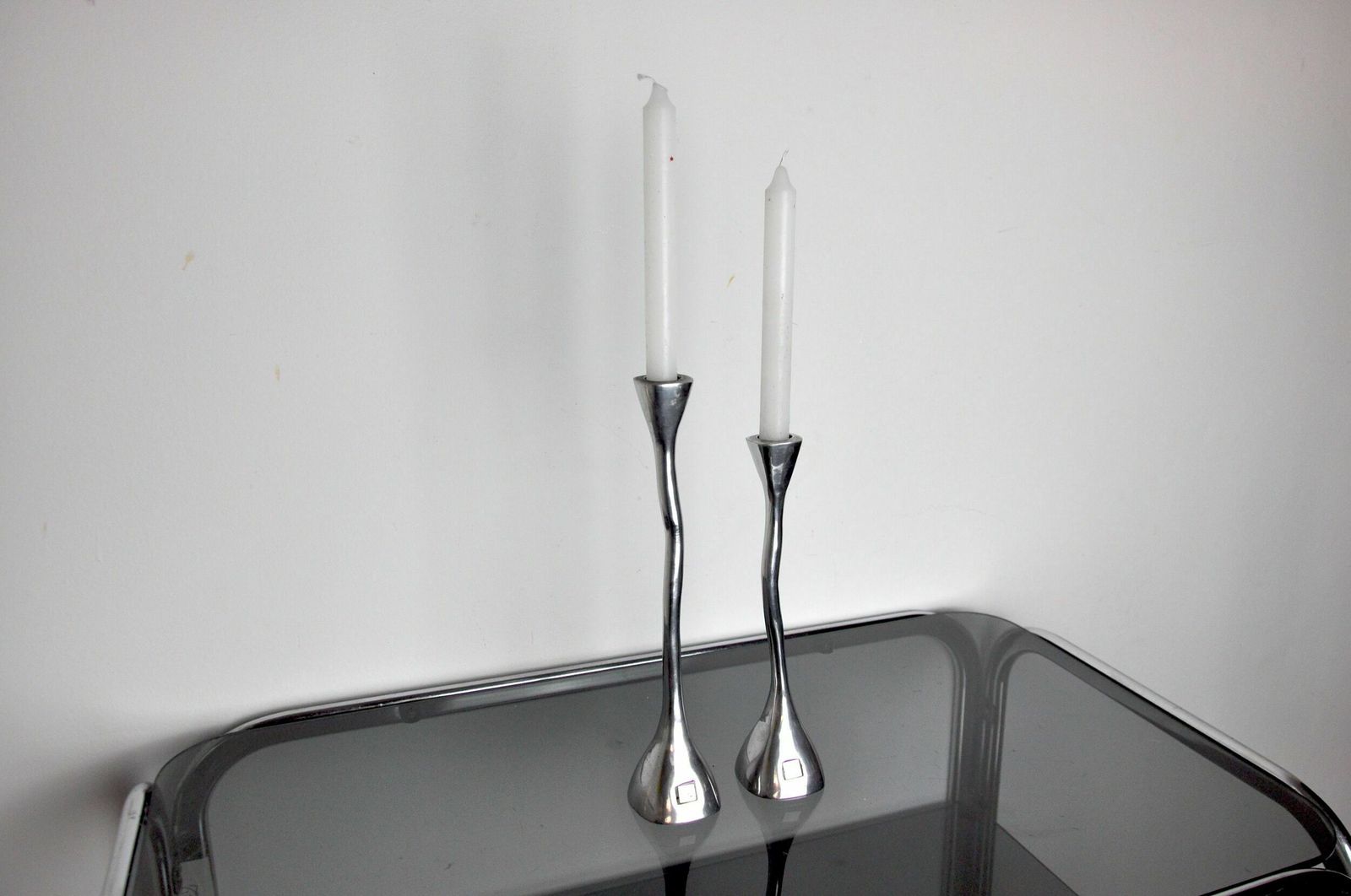 Pair Of Zigzag Candle Holders, Solid Aluminum And Polished Stone, Art3, Spain, 1970 photo vinterior