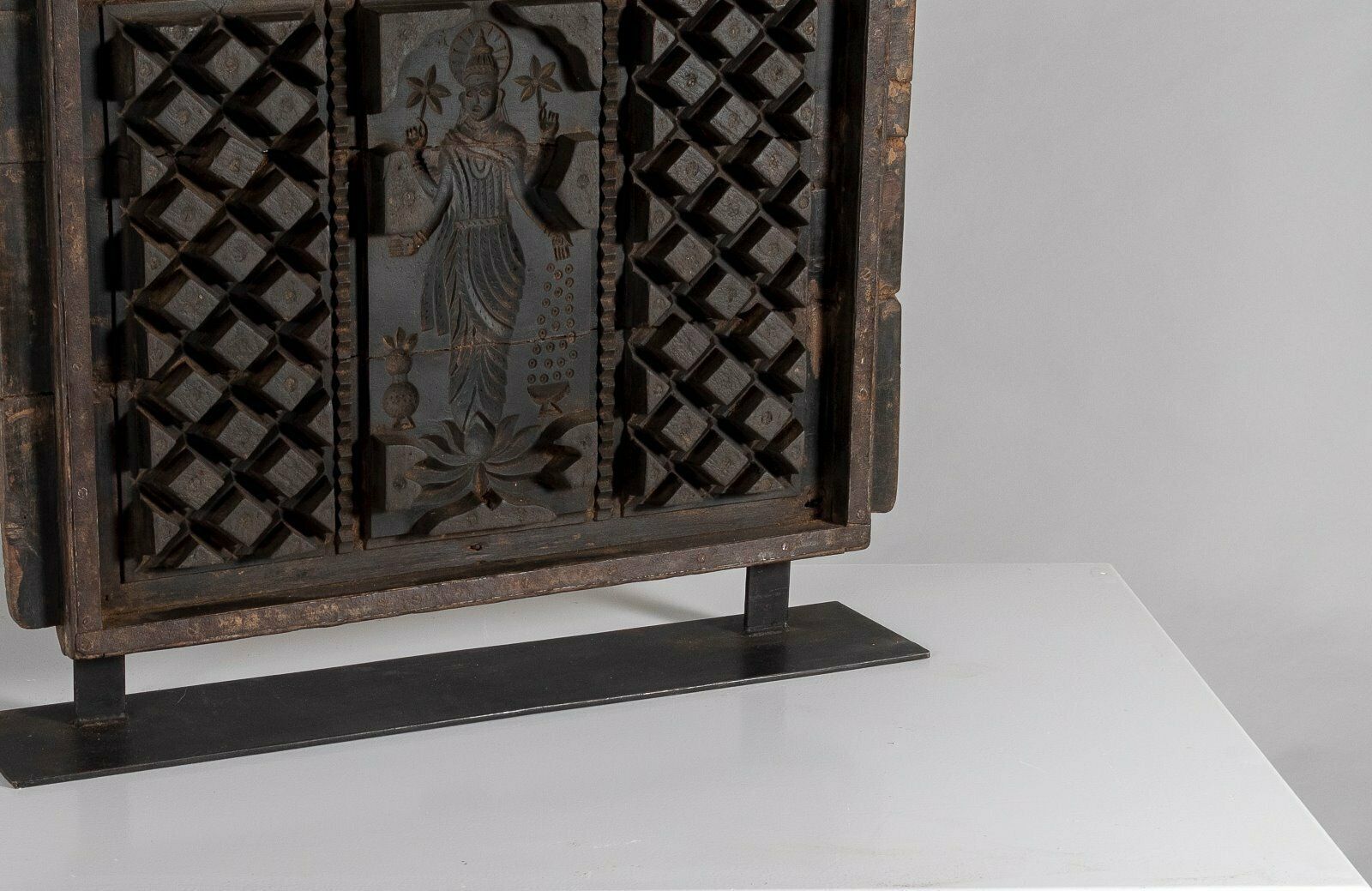 Mid Century Large Scale Carved Sculptural Wooden Shelf Art On Steel Base photo for sale