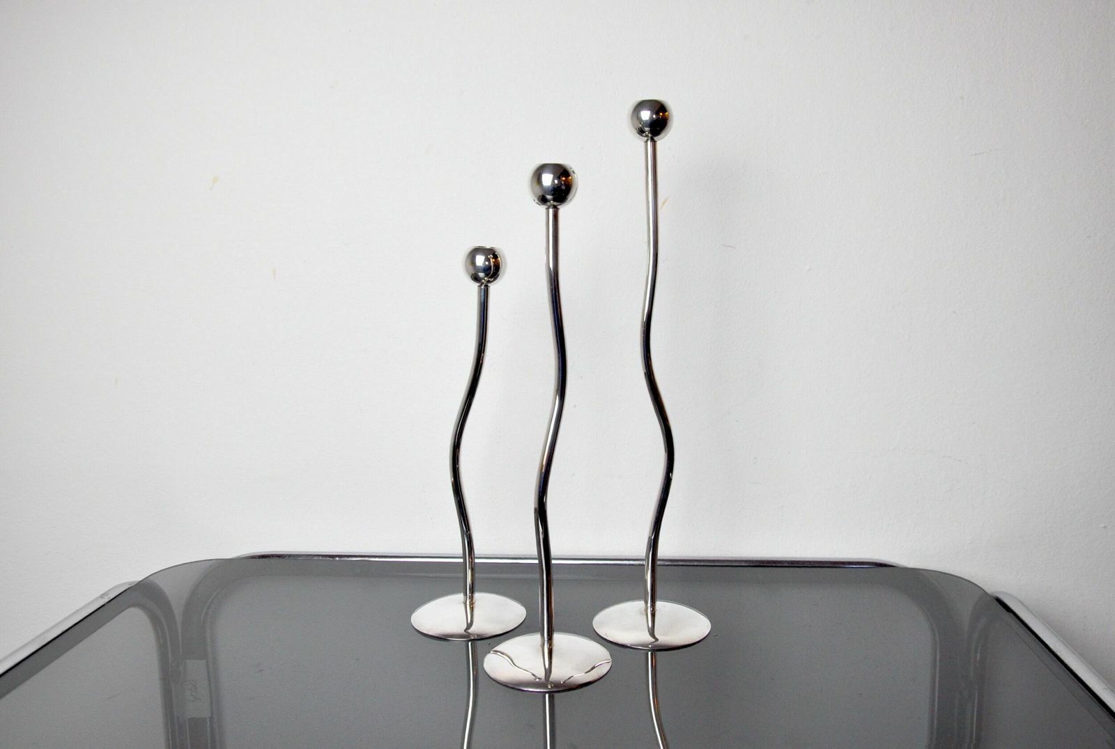 photo furniture Trio Of Silver Metal Candlesticks From Mesa, Italy, 1980s