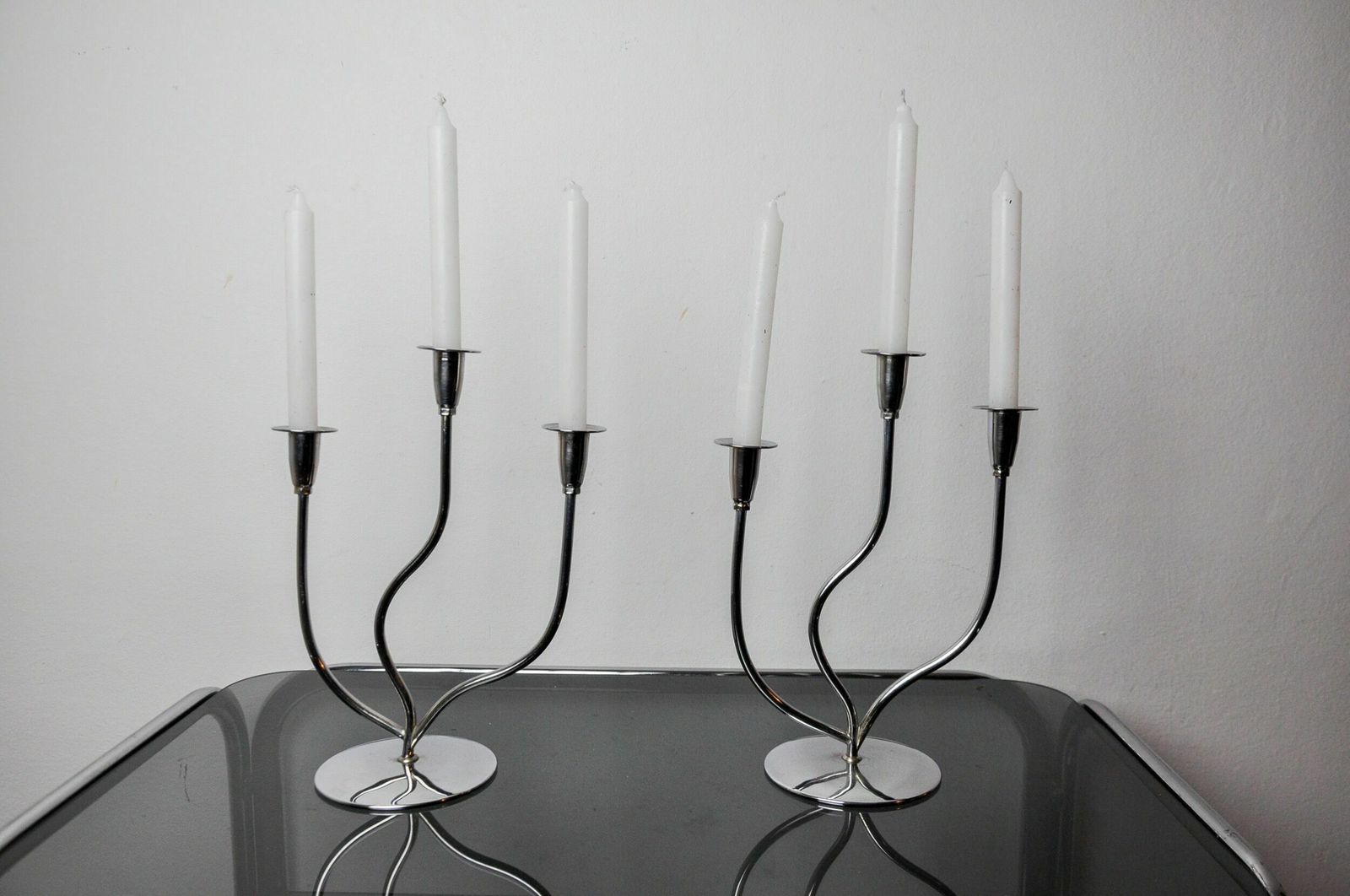 Pair Of Art Deco Candlesticks In Stainless Steel 3 Flames, Spain, 1970 photo furniture