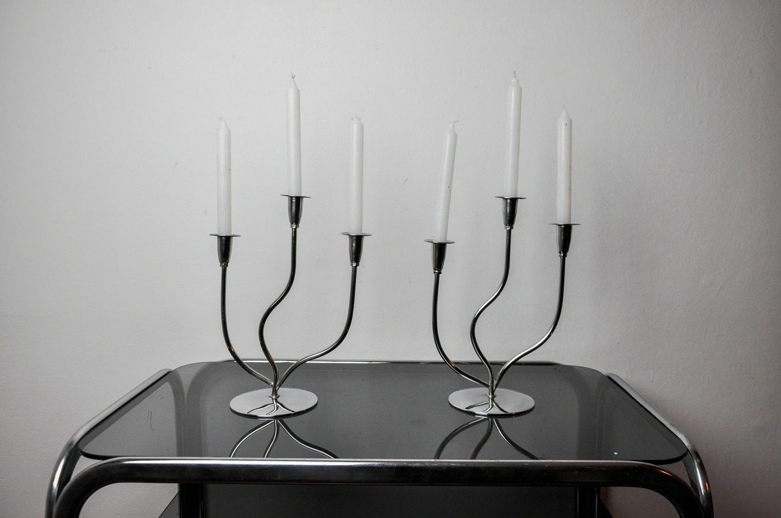 Pair Of Art Deco Candlesticks In Stainless Steel 3 Flames, Spain, 1970 photo Home Decor