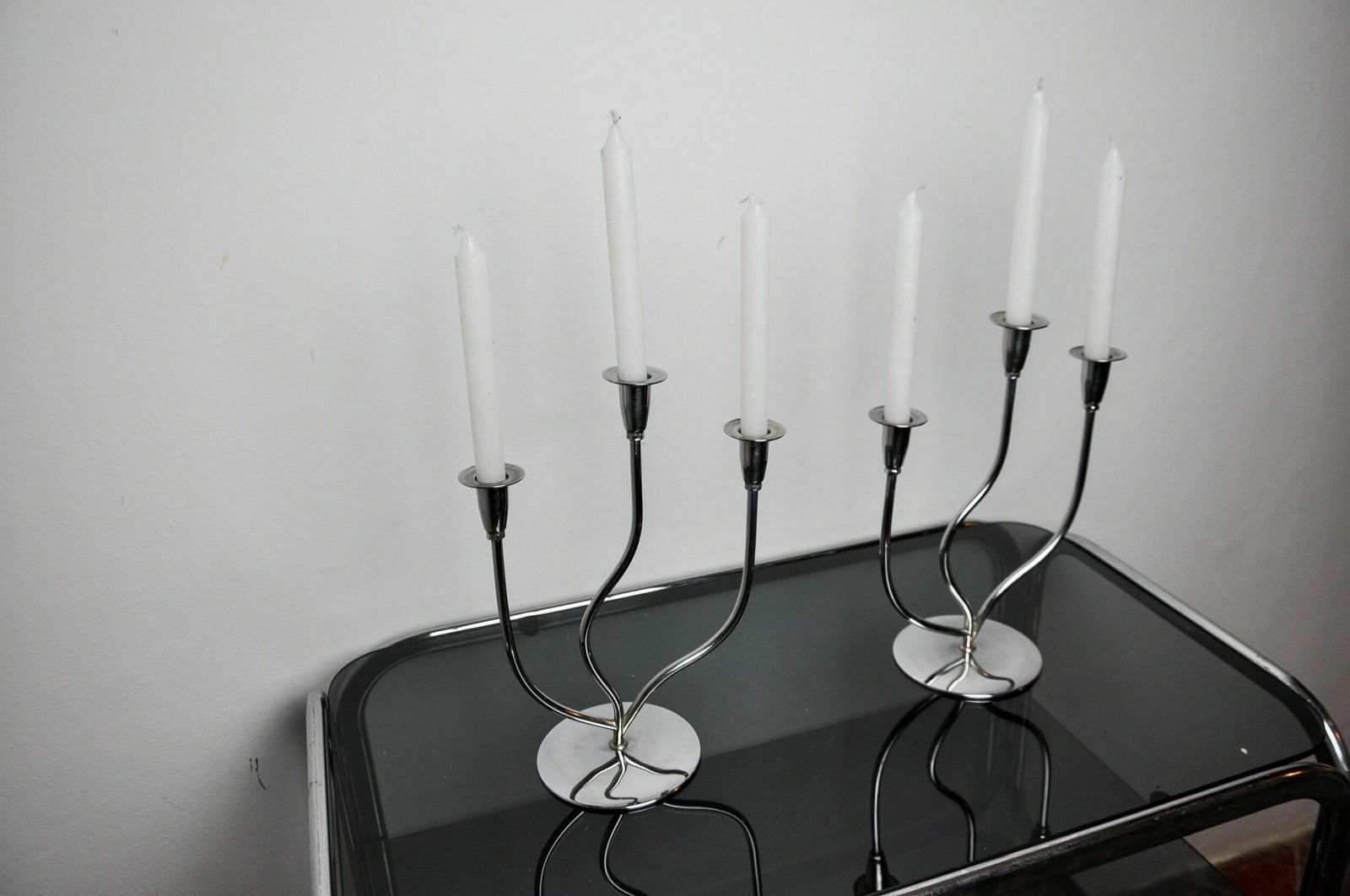 Pair Of Art Deco Candlesticks In Stainless Steel 3 Flames, Spain, 1970 photo vinterior