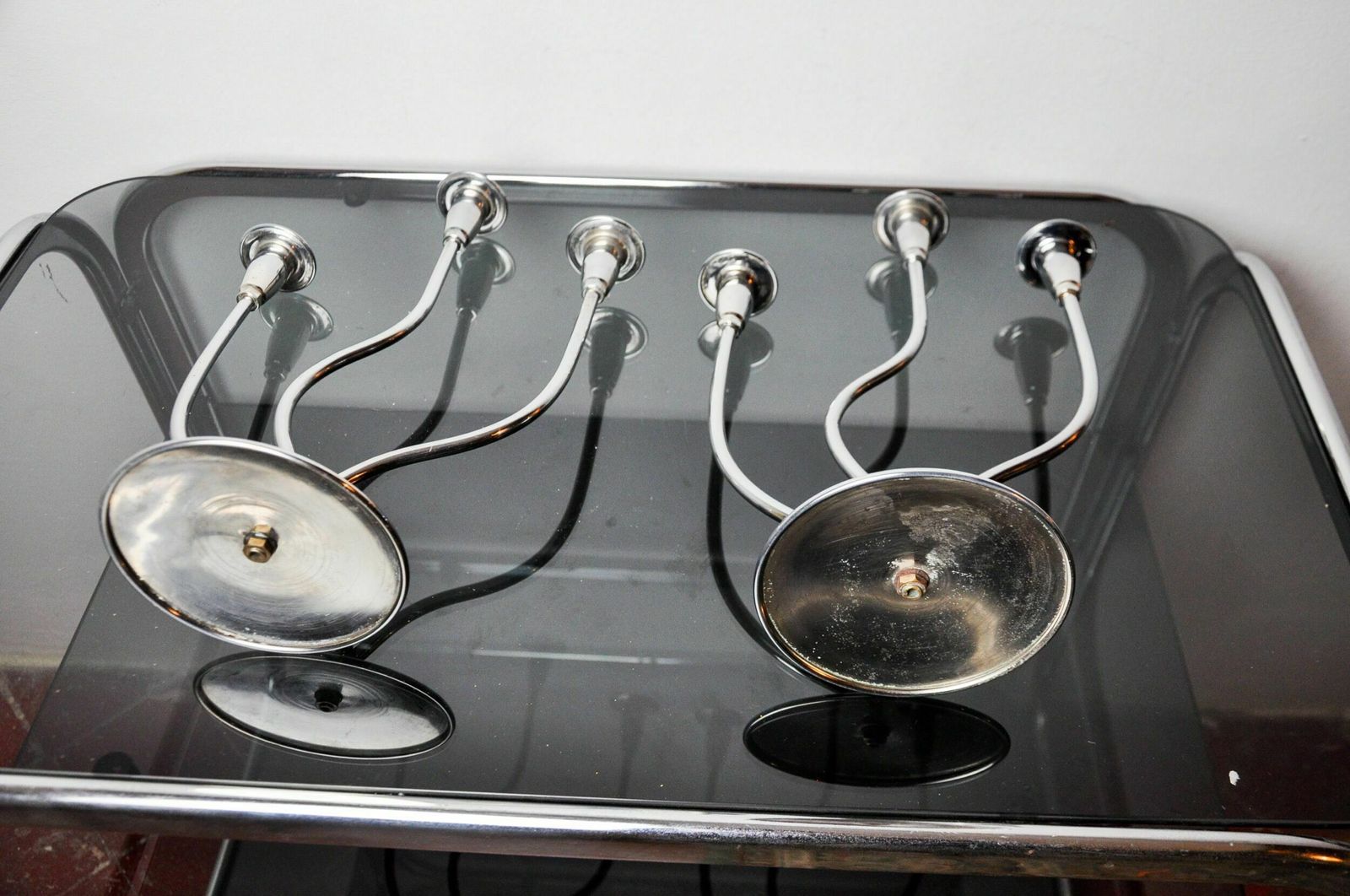 Pair Of Art Deco Candlesticks In Stainless Steel 3 Flames, Spain, 1970 photo vintage