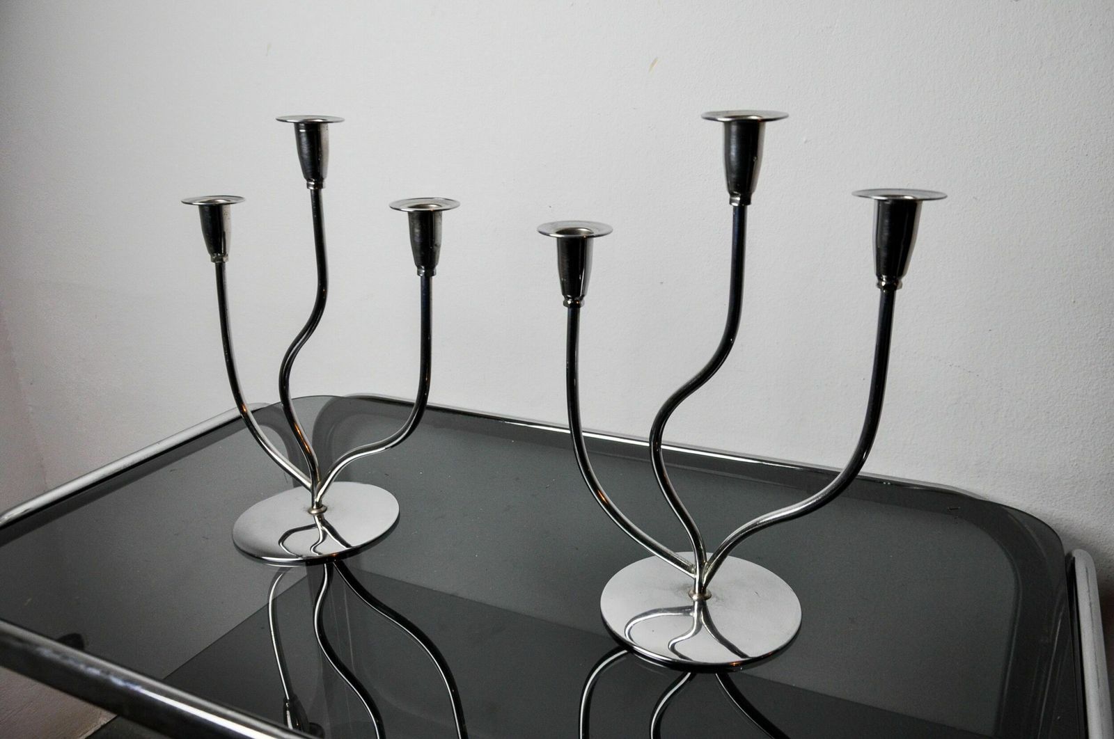 photo for sale Pair Of Art Deco Candlesticks In Stainless Steel 3 Flames, Spain, 1970