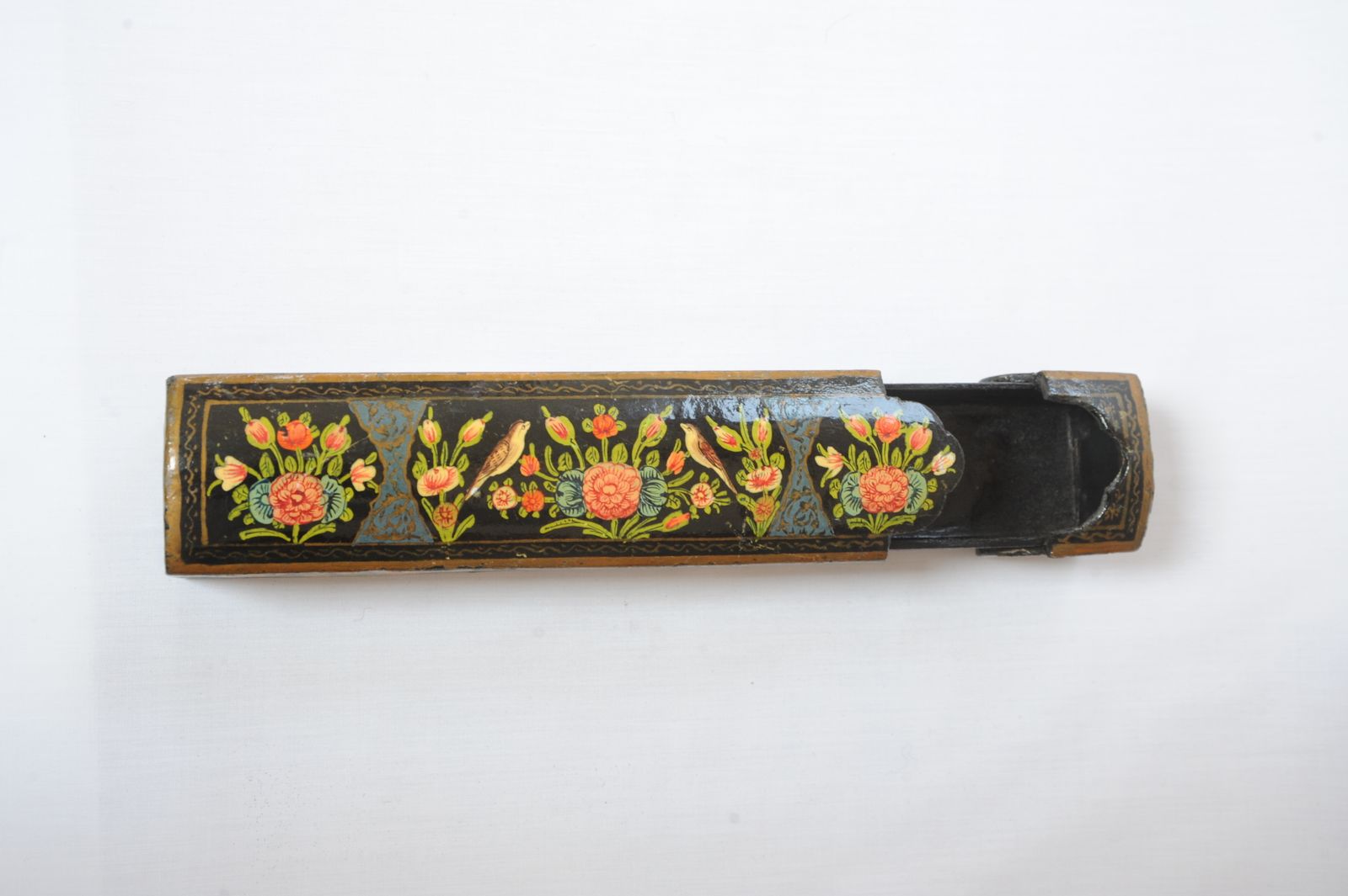 photo for sale Antique Lacquered Paper Mache Qalamdan Pen Holder From Kashmir