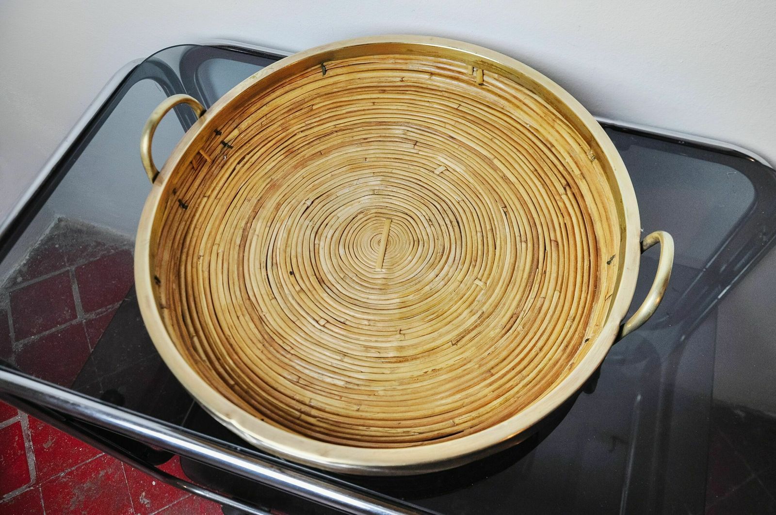 Rattan And Brass Basket, Italy, 1970s photo for sale