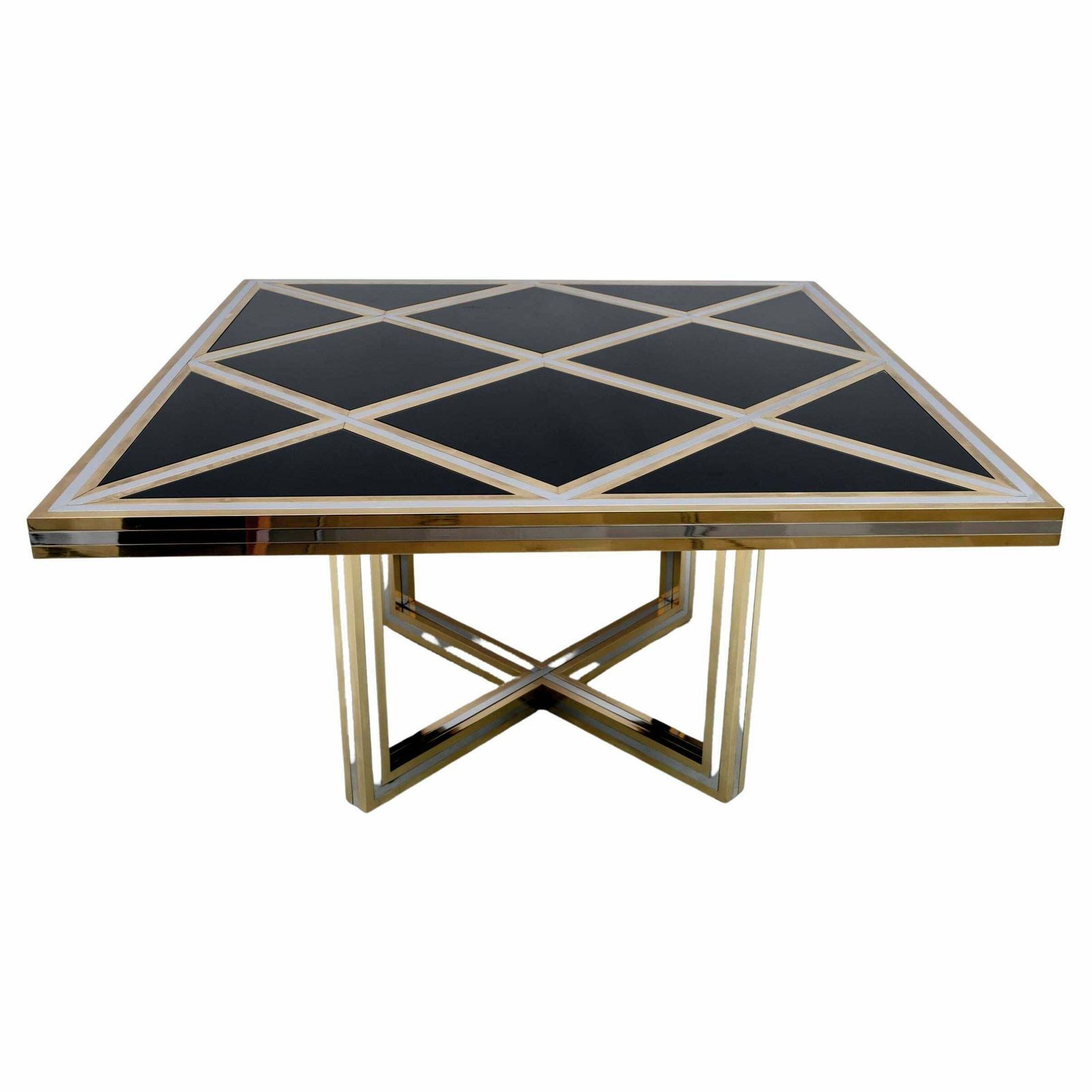 Romeo Rega Mid Century Modern Italian Black Glass, Brass And Chrome Dining Table
