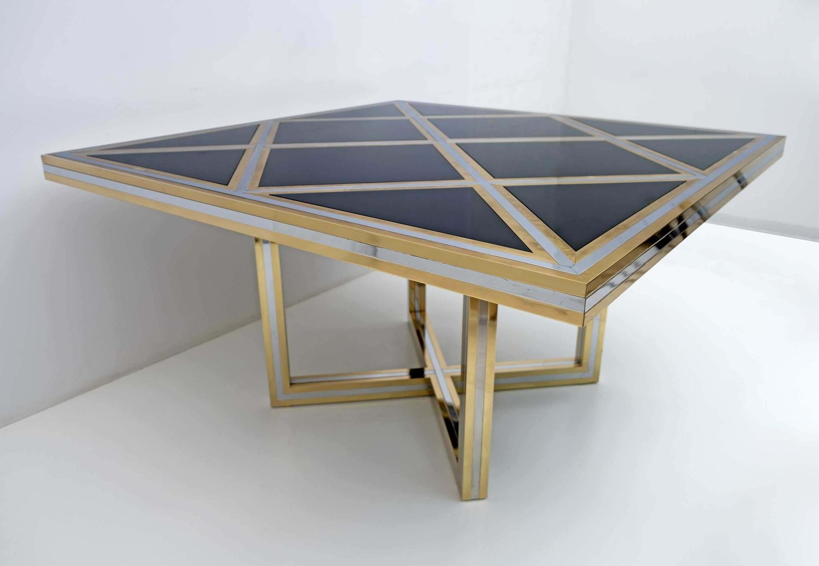 Romeo Rega Mid Century Modern Italian Black Glass, Brass And Chrome Dining Table photo vinterior