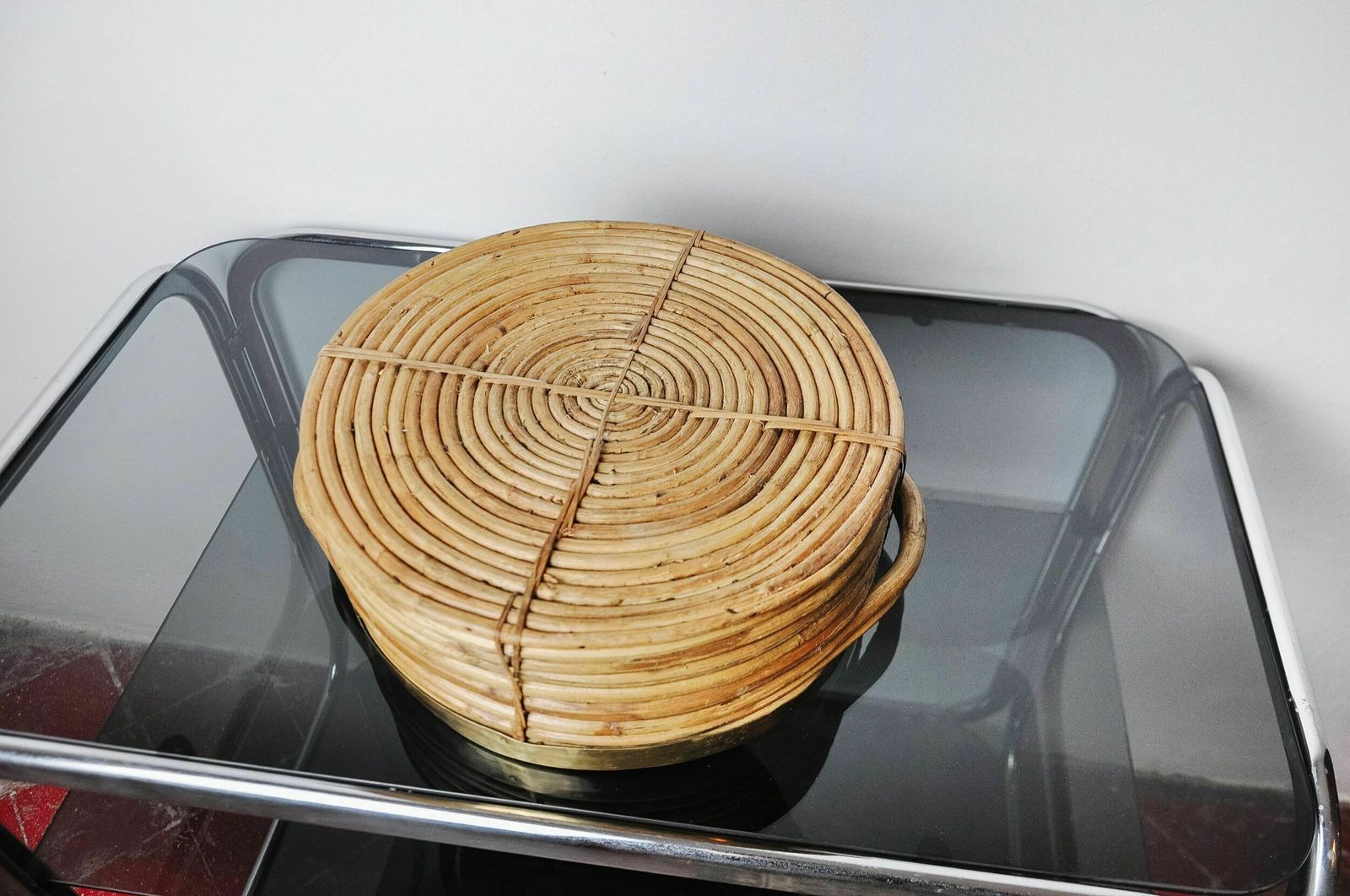 Rattan And Brass Basket, Italy, 1970s photo vinterior