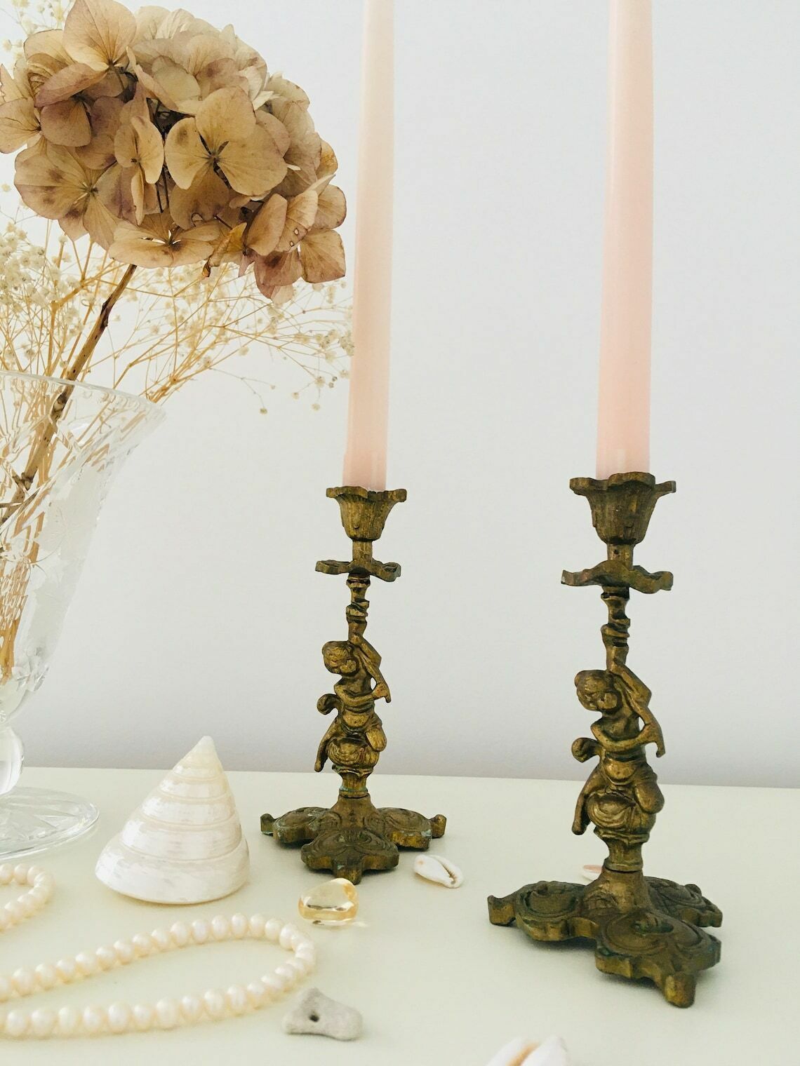Pair Of Vintage French Cherub Brass Candle Holders photo for sale