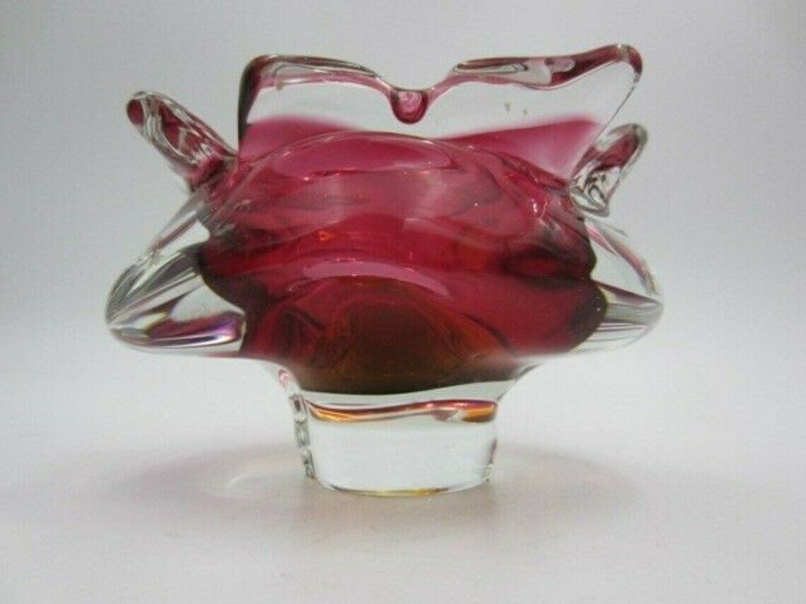 Hand Made Czech Pink And Golden Amber Murano Sommerso Style Art Glass Bowl photo vinterior