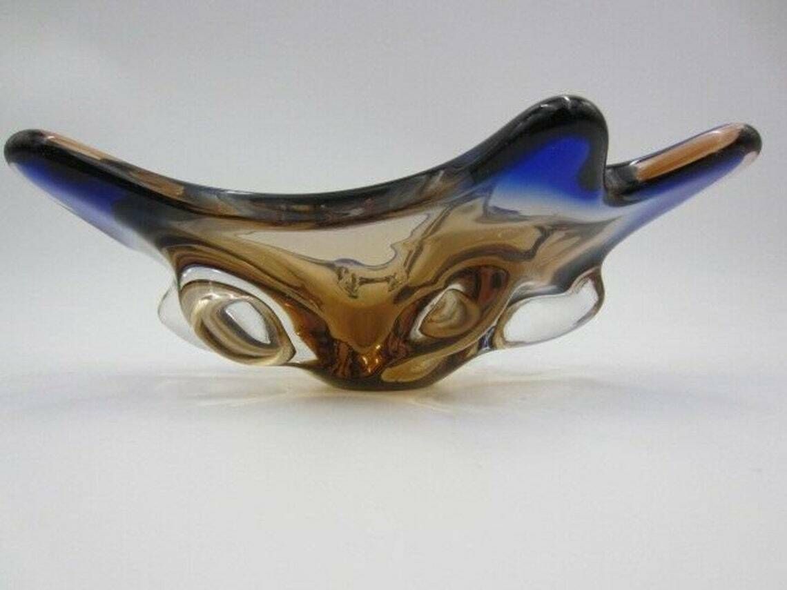 Blue And Pink Mid Century Art Glass Water Droplet Bowl Czech Sommerso photo Home Decor