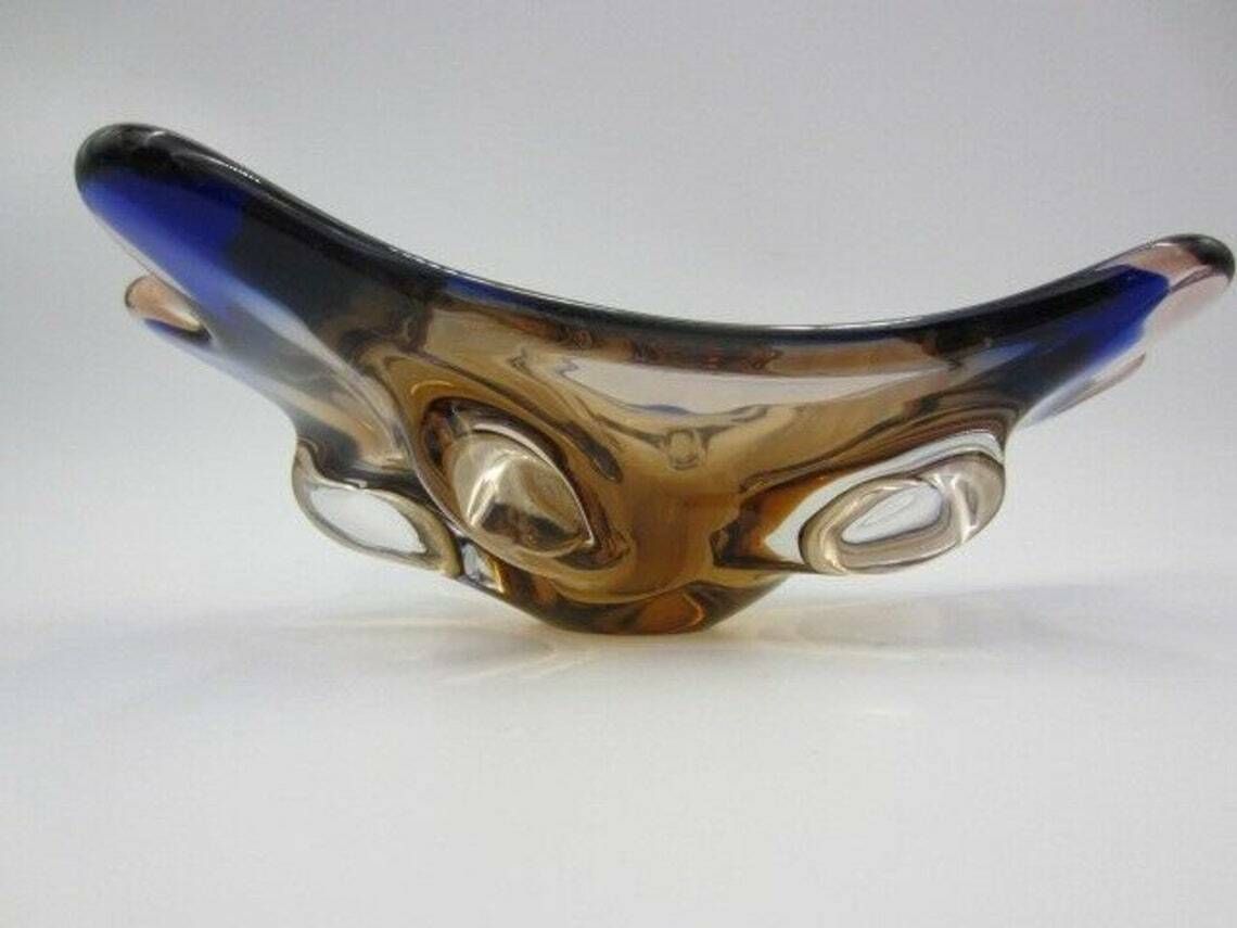 Blue And Pink Mid Century Art Glass Water Droplet Bowl Czech Sommerso photo vinterior