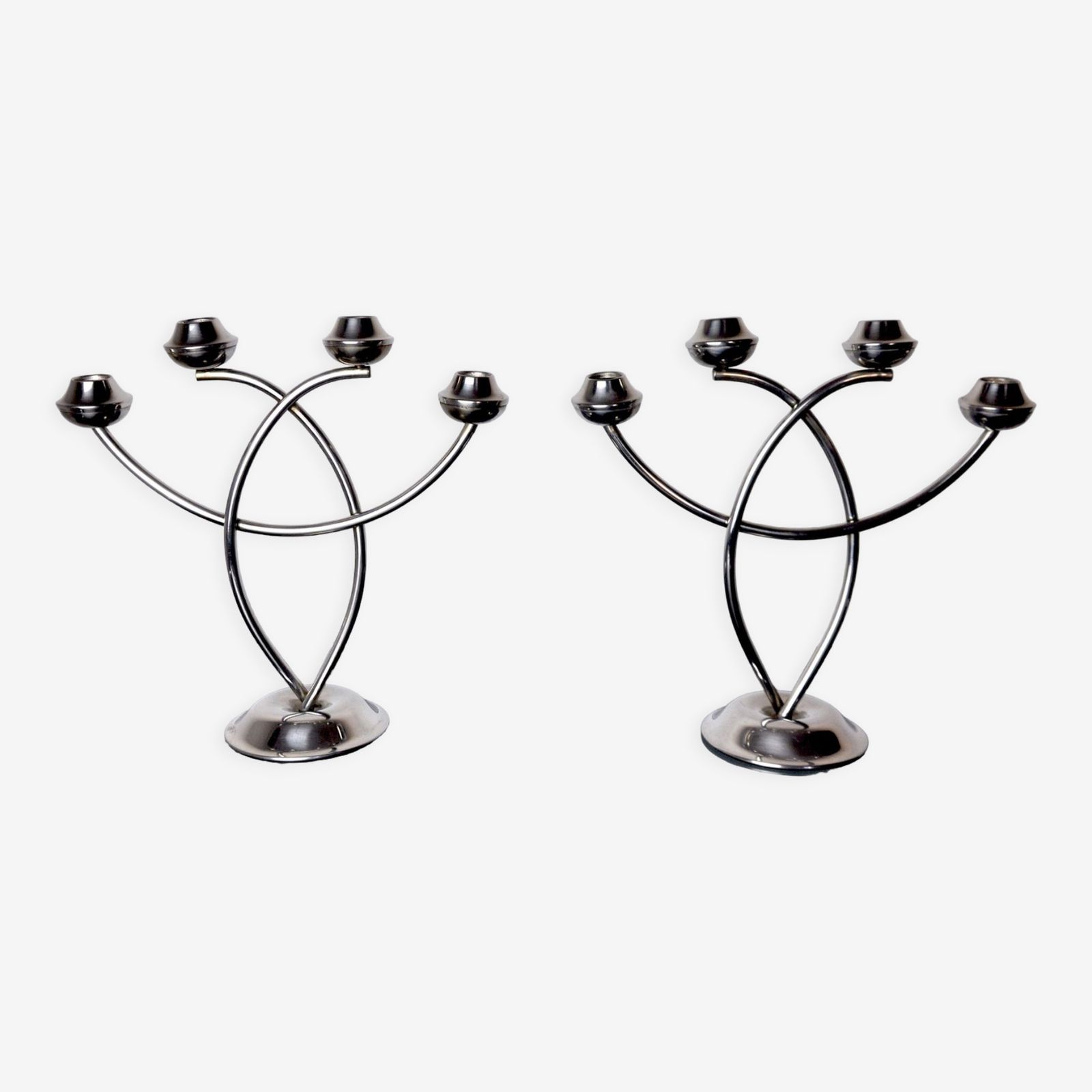 Pair Of Art Deco Candle Holder In Stainless Steel 4 Flammes, Spain, 1970