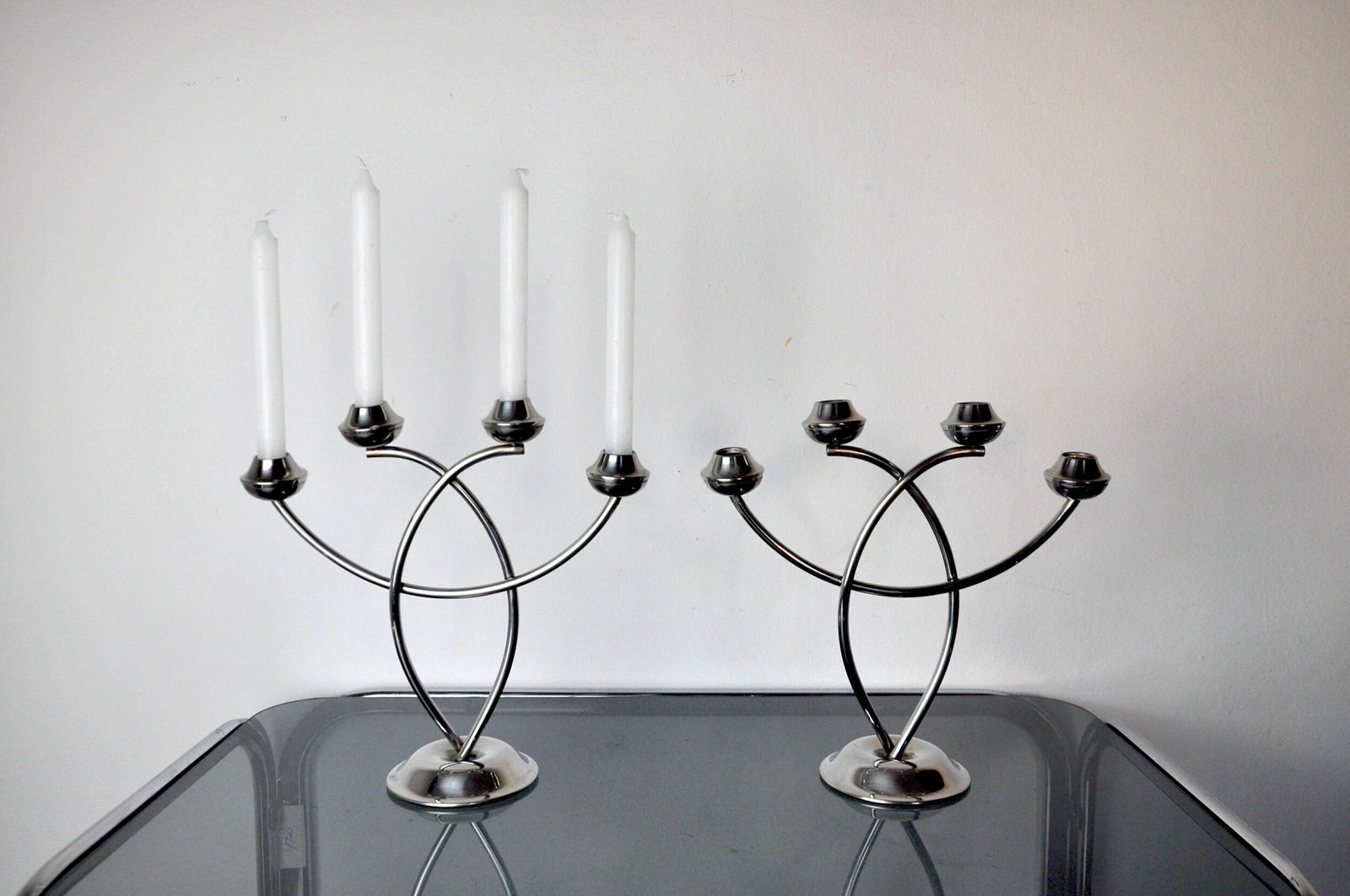 Pair Of Art Deco Candle Holder In Stainless Steel 4 Flammes, Spain, 1970 photo for sale