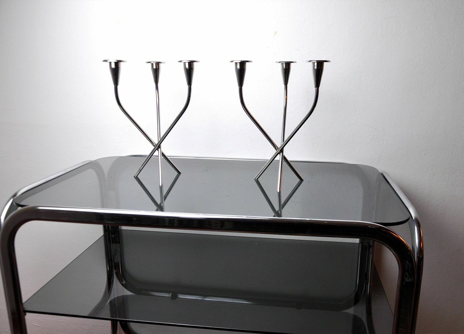 Pair Of Scandinavian 3 Arm Candlesticks In Alpaca, Sweden, 1970 photo Home Decor