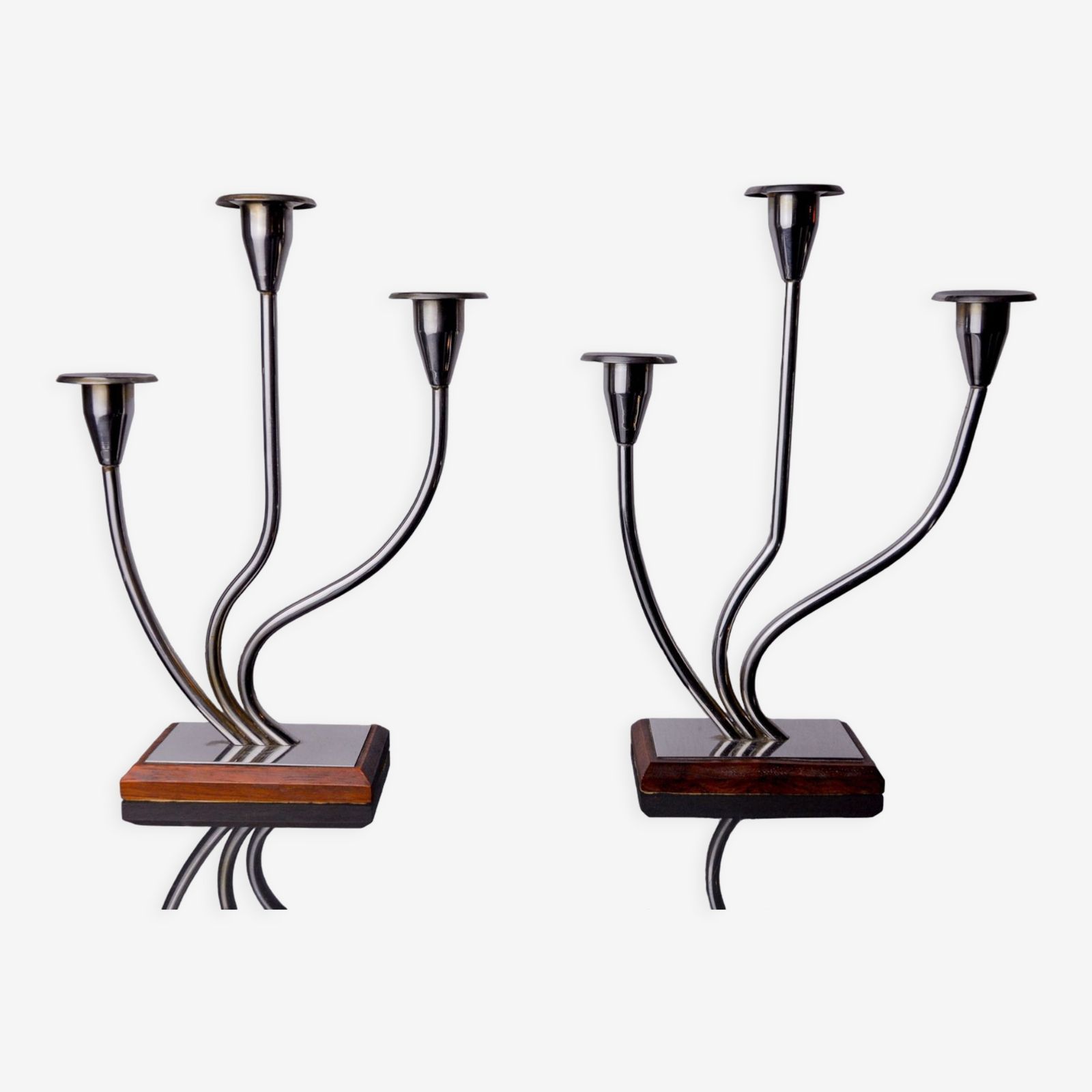 Pair Of Art Deco Candlesticks In Stainless Steel And Rosewood 3 Flames, Spain, 1970