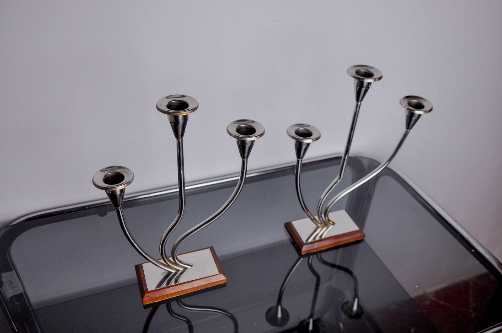 Pair Of Art Deco Candlesticks In Stainless Steel And Rosewood 3 Flames, Spain, 1970 photo vinterior