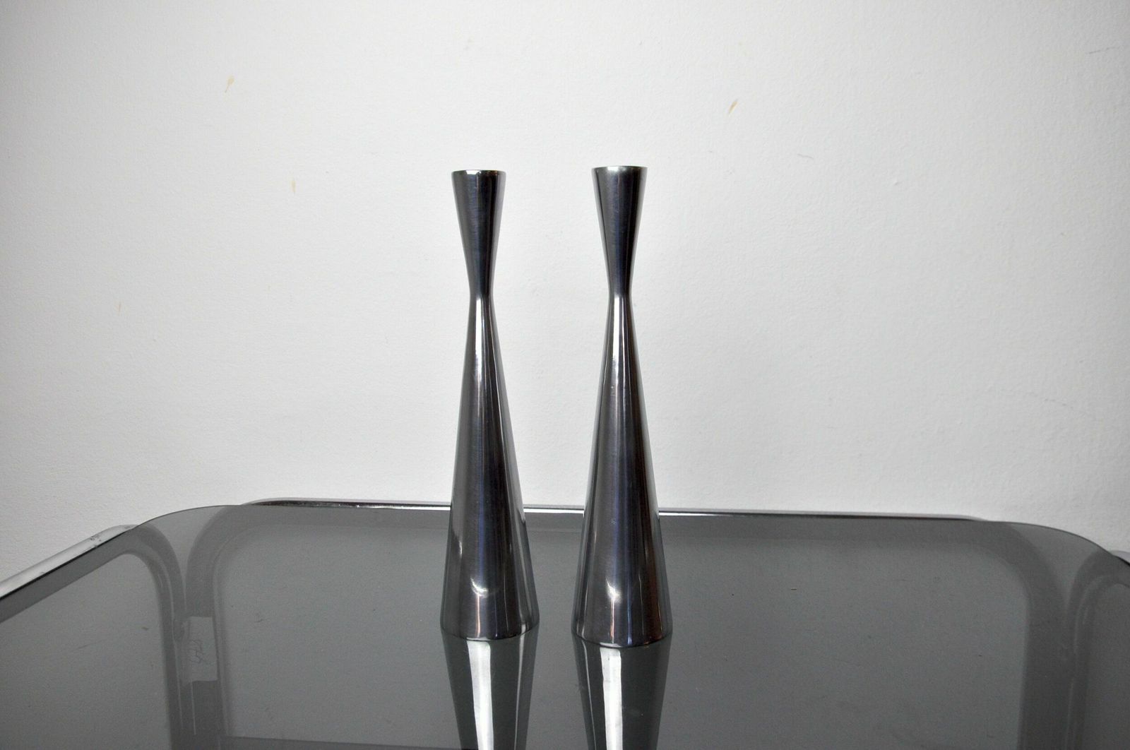 Pair Of Scandinavian Diabolo Candlesticks, Aluminium, Suede, 1970 photo Home Decor