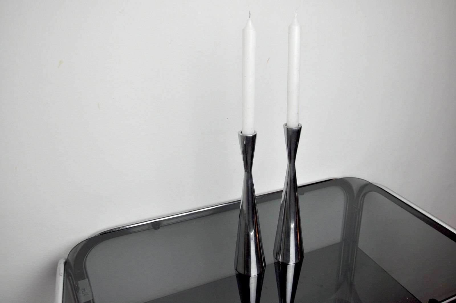 Pair Of Scandinavian Diabolo Candlesticks, Aluminium, Suede, 1970 photo buy