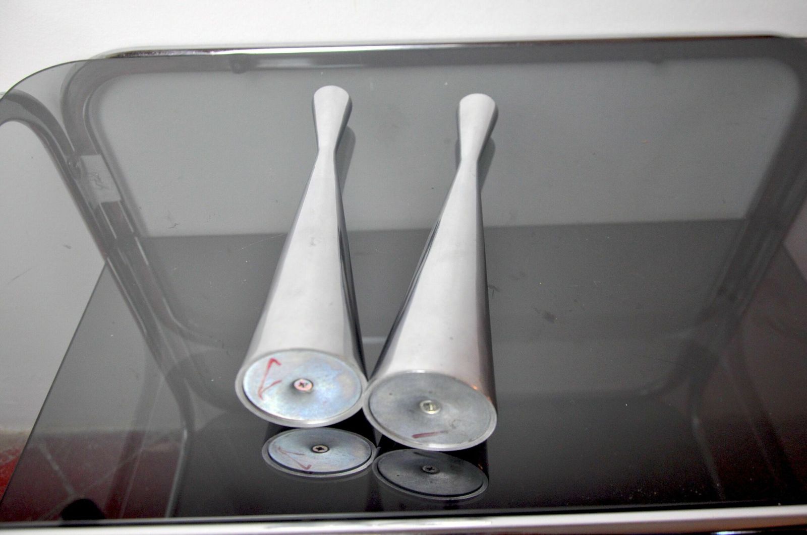Pair Of Scandinavian Diabolo Candlesticks, Aluminium, Suede, 1970 photo vintage