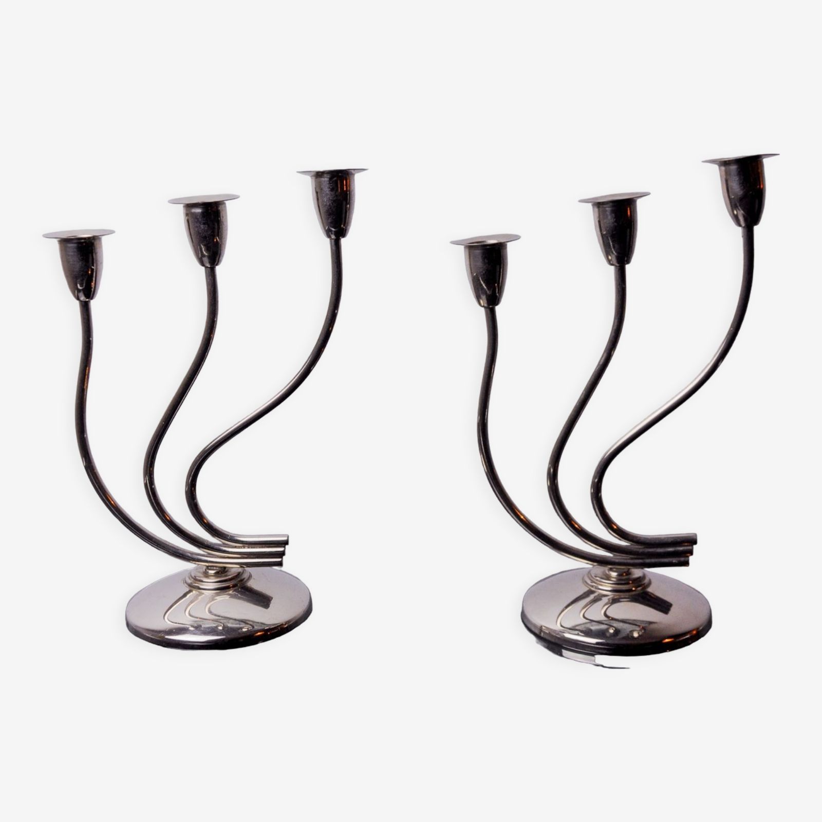 Pair Of Art Deco Candlesticks In Stainless Steel 3 Flames, Spain, 1970