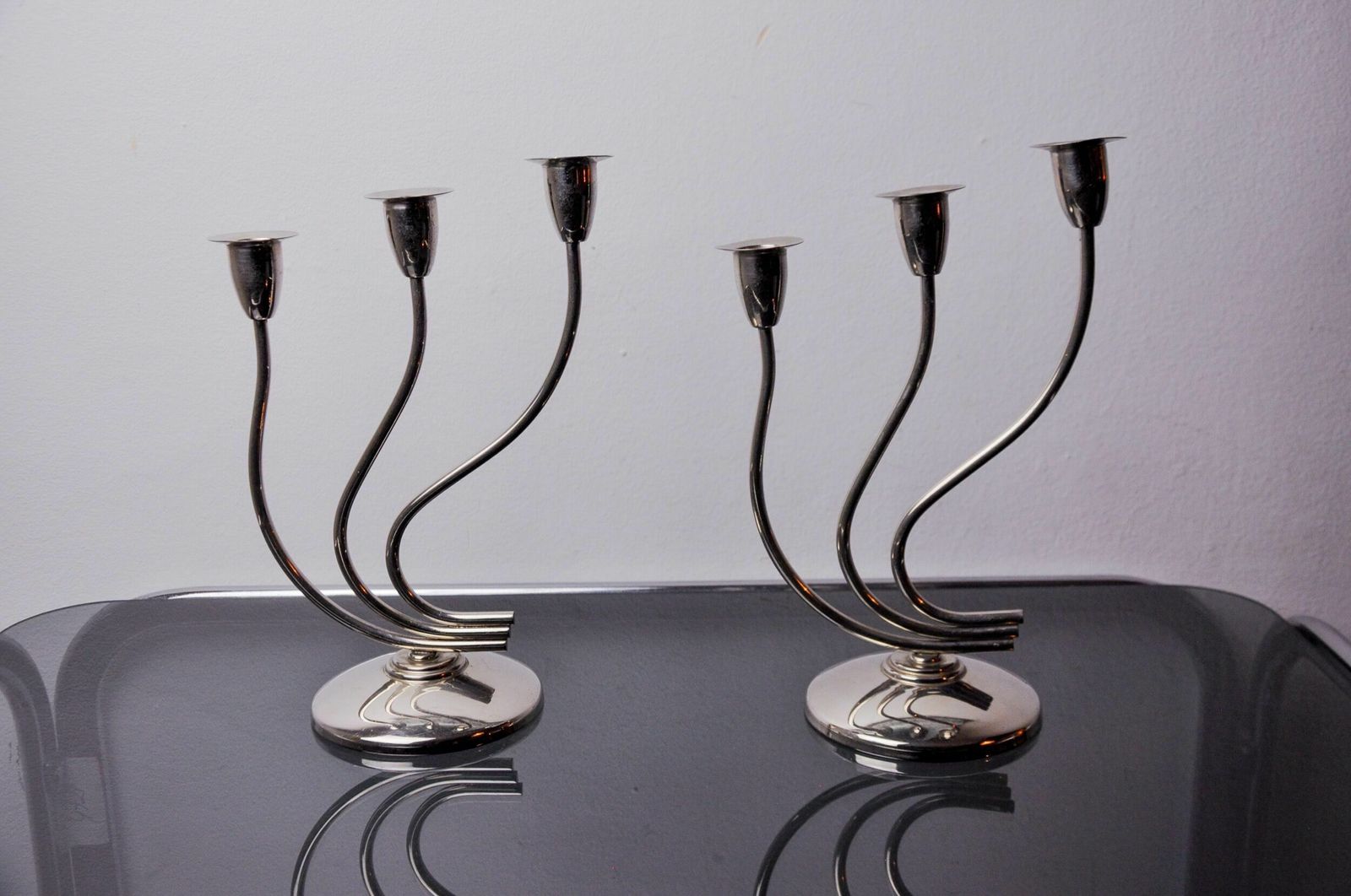 Pair Of Art Deco Candlesticks In Stainless Steel 3 Flames, Spain, 1970 photo furniture